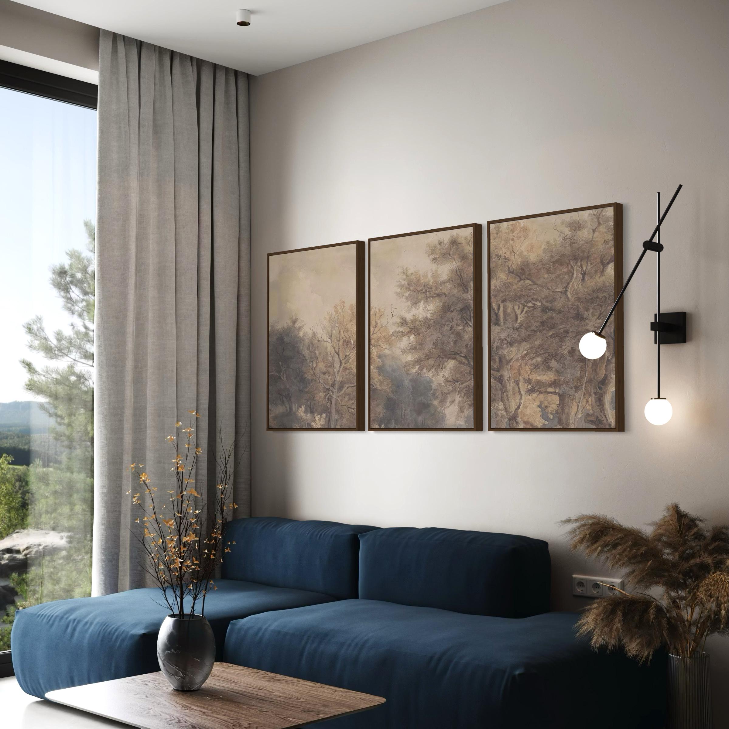 Vintage Forest Wall Art Set of 3 Landscape Canvas Prints | Neutral Woodland Triptych Poster
