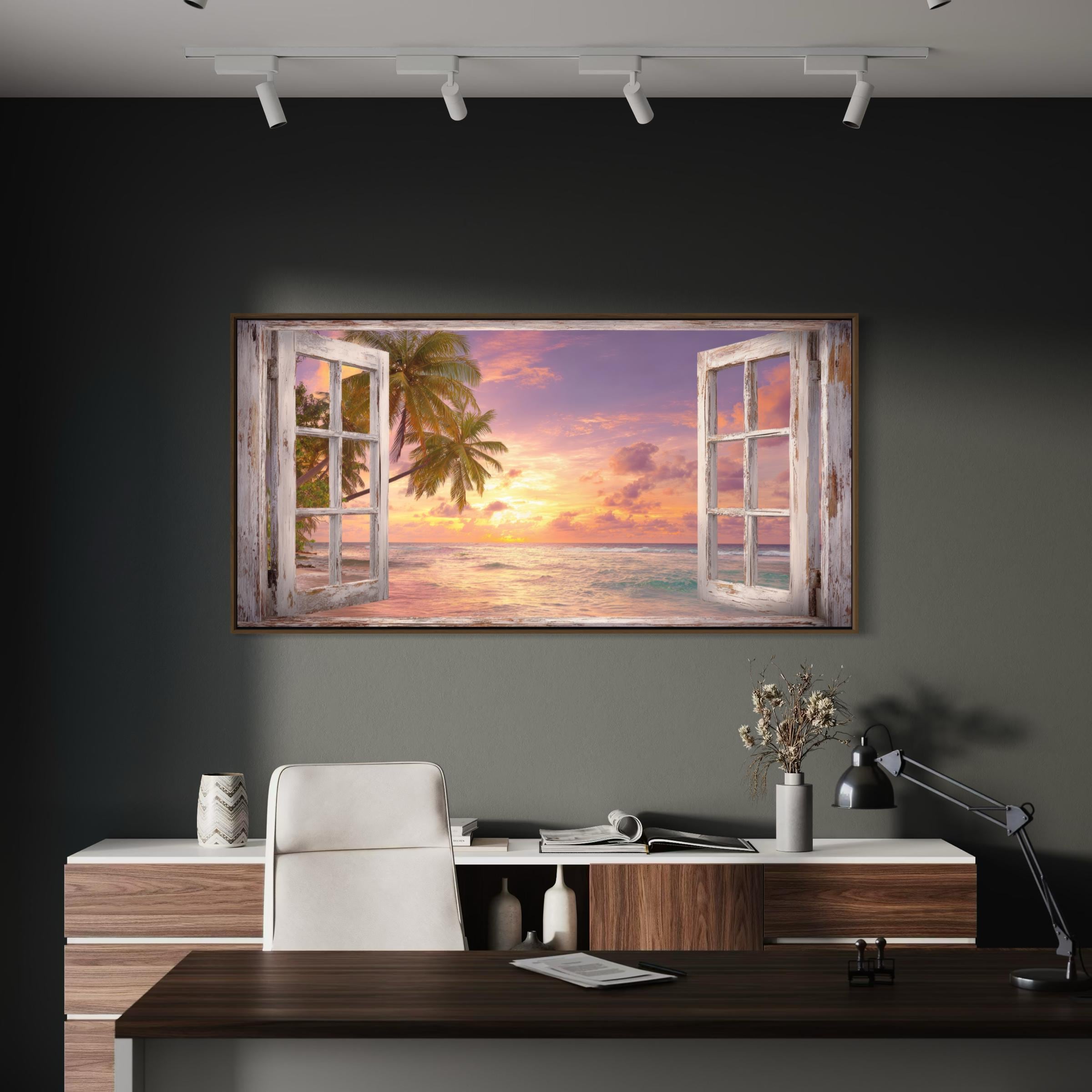 Window View Wall Art Canvas Poster Print | Tropical Beach Sunset | Palm Tree Coastal Art