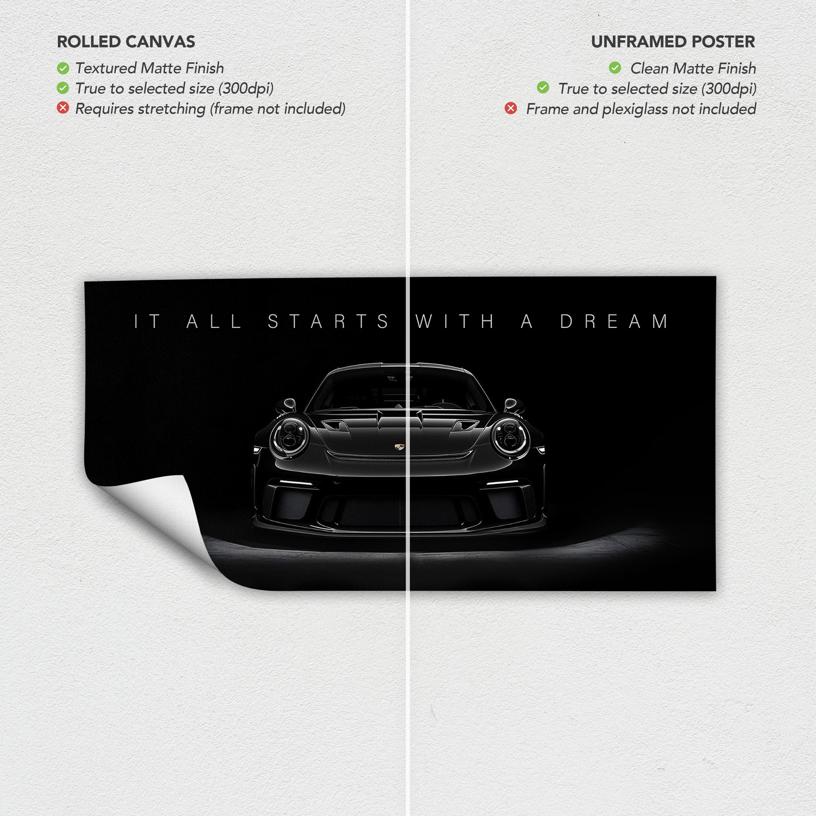 Motivational Porsche 911 GT3 RS - It All Starts With a Dream Quote Canvas Art | Poster Print