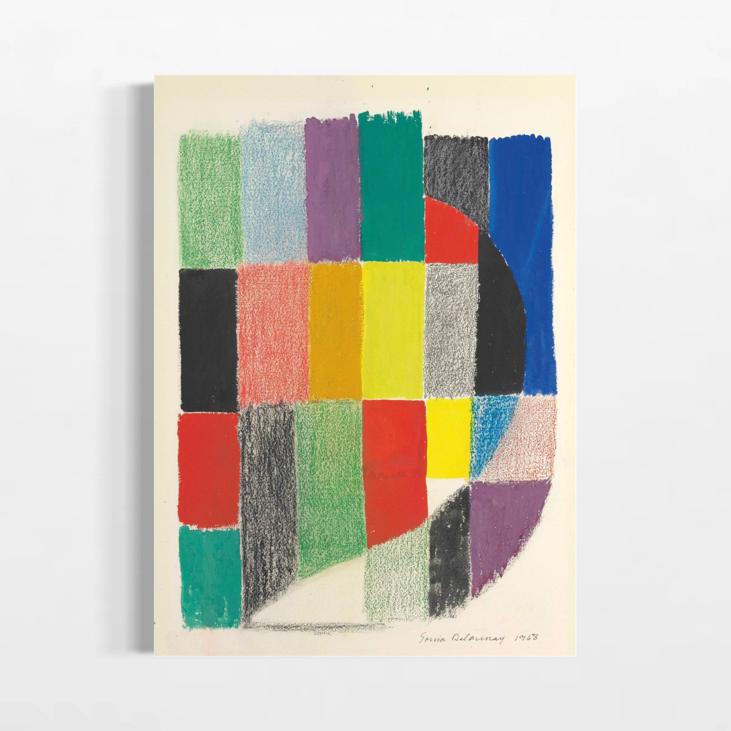 The image is a colorful abstract artwork featuring a variety of geometric shapes and colors, including squares, rectangles, and triangles, arranged in a visually striking composition.