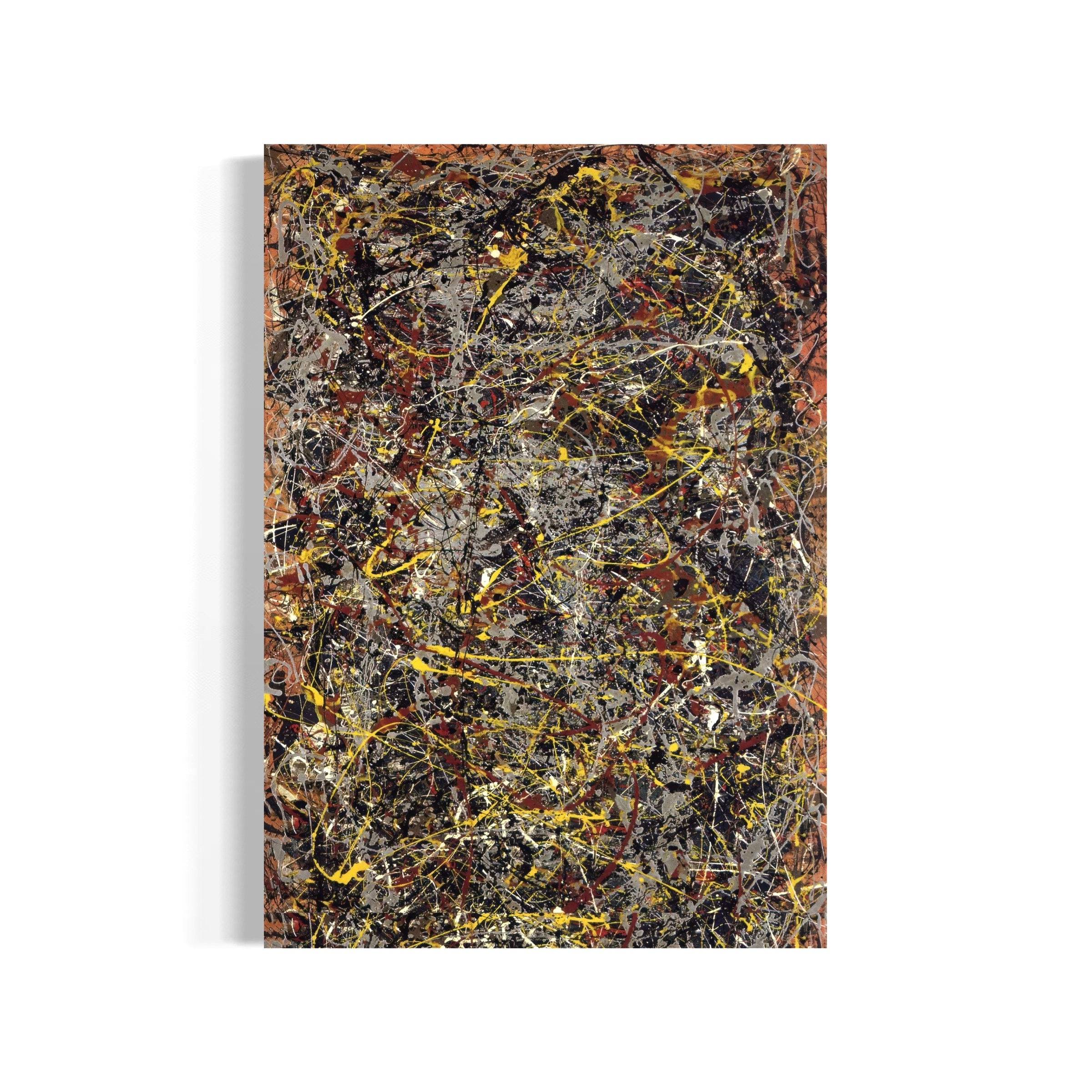 The image is a rectangular abstract painting with a chaotic and vibrant color palette, featuring splashes of yellow, black, and brown.