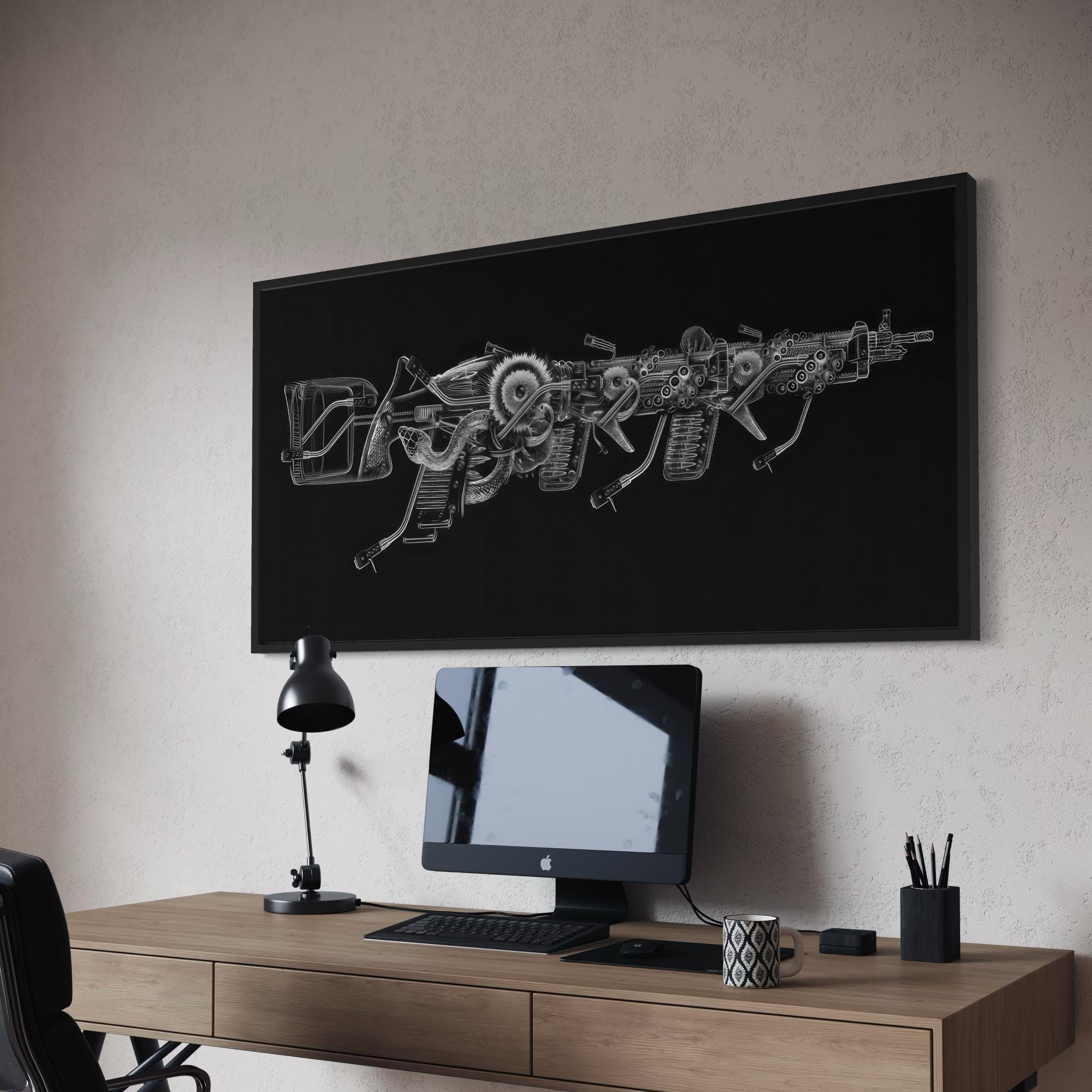 Mechanical Gun Blueprint Futuristic Weapon Schematic | Canvas Art | Poster Print