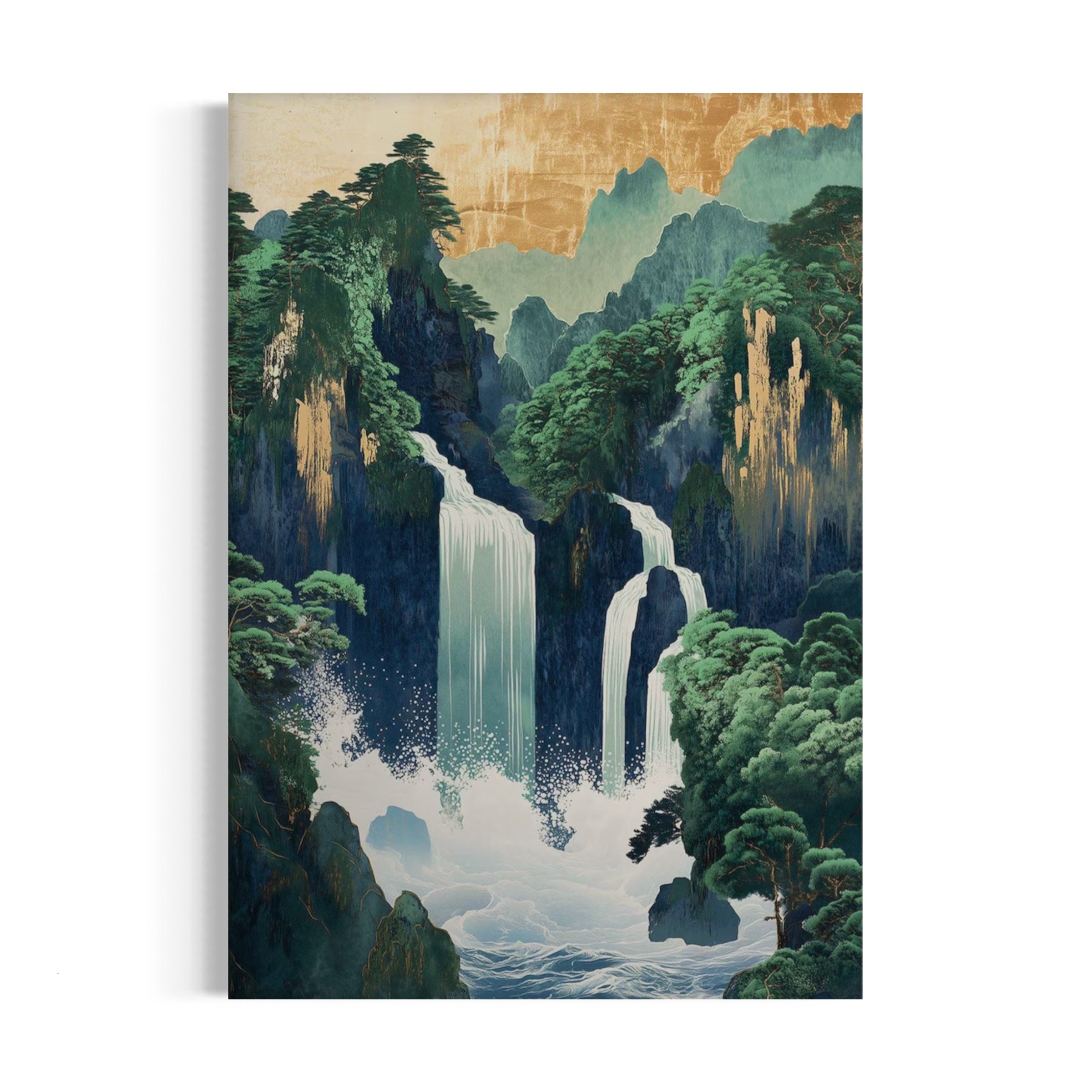 a painting of a waterfall surrounded by trees