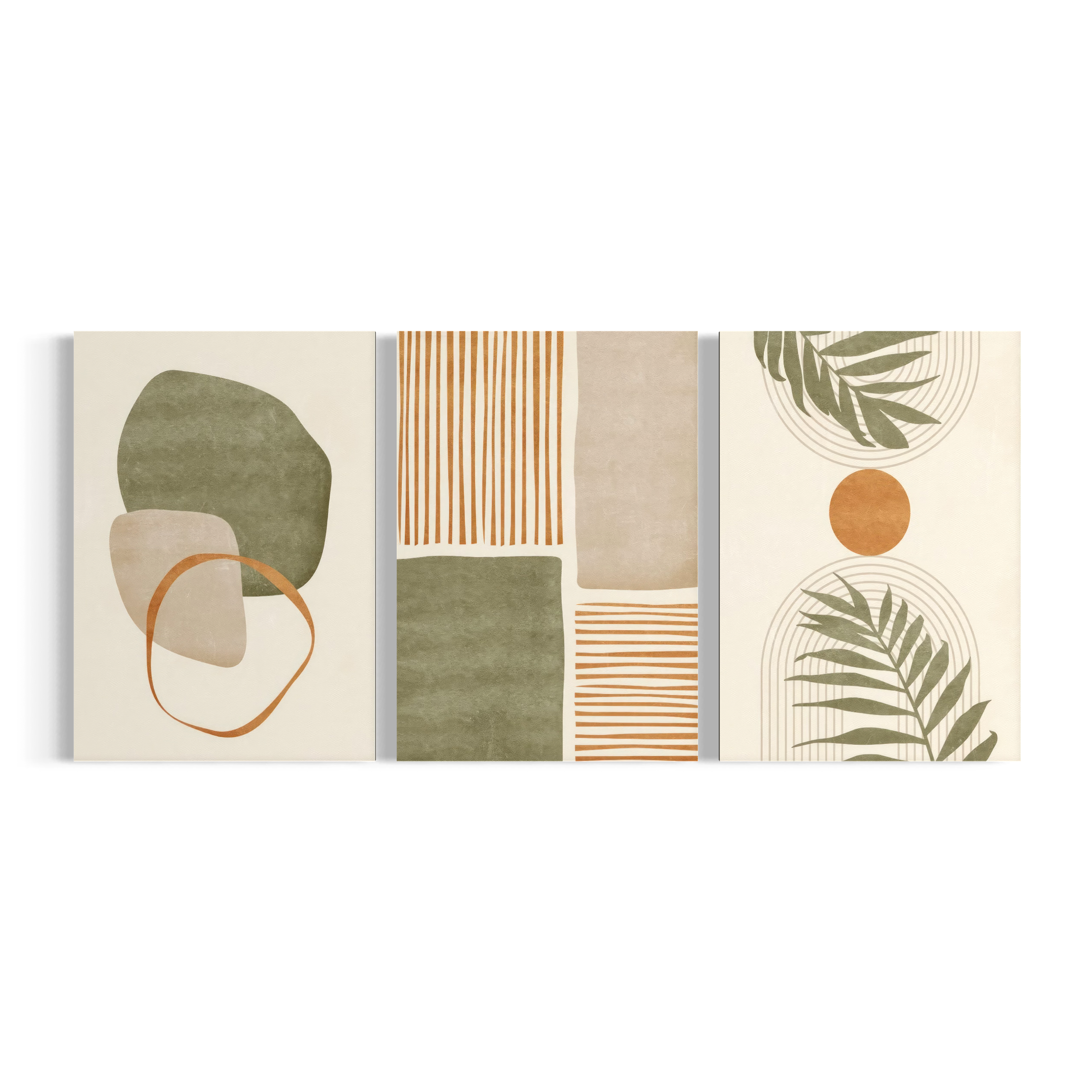 three abstract artworks displayed in a row, each with a unique design and color scheme.