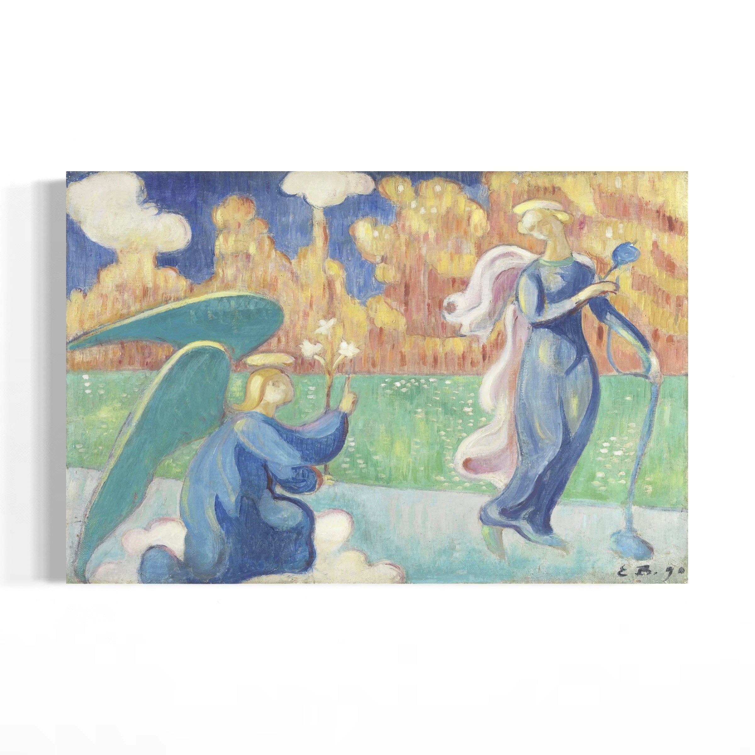 The image is an impressionist painting depicting two angels, one kneeling and one standing, in a pastoral setting with a blue sky and clouds in the background.