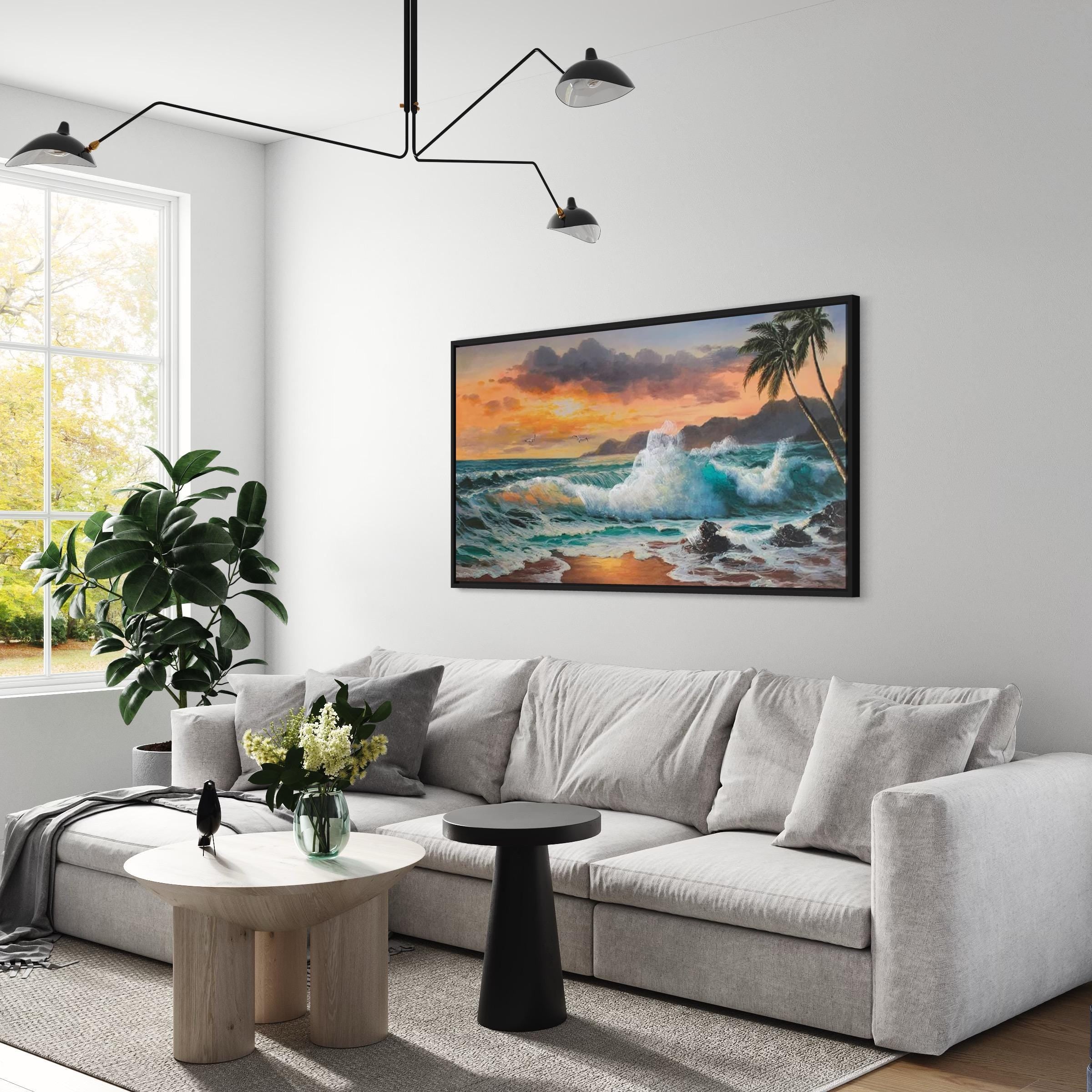 Tropical Ocean Sunset Waves, Palm Trees & Seascape Canvas Art | Poster Print