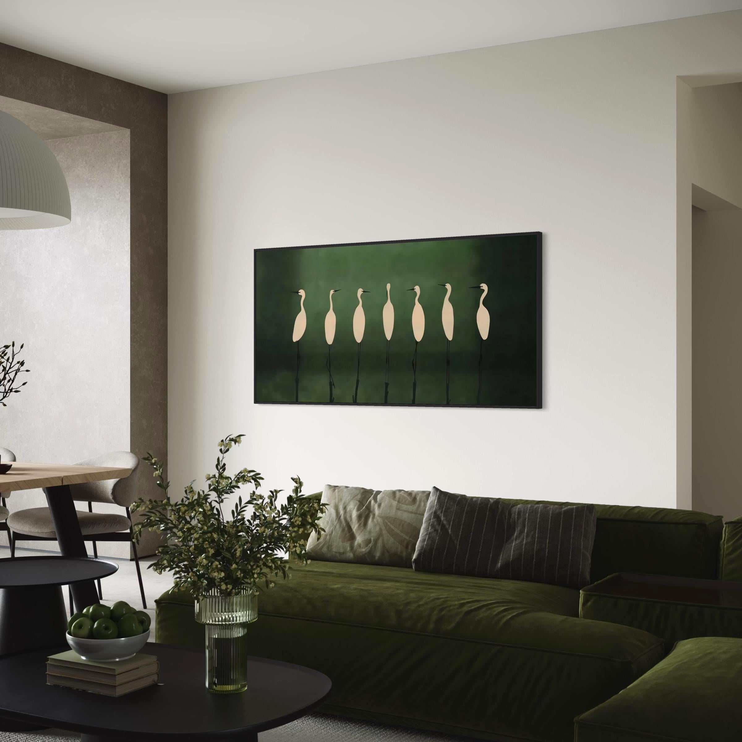 Large Heron Crane Minimalist Wall Art Canvas | Elegant White Birds on Deep Green Poster Print