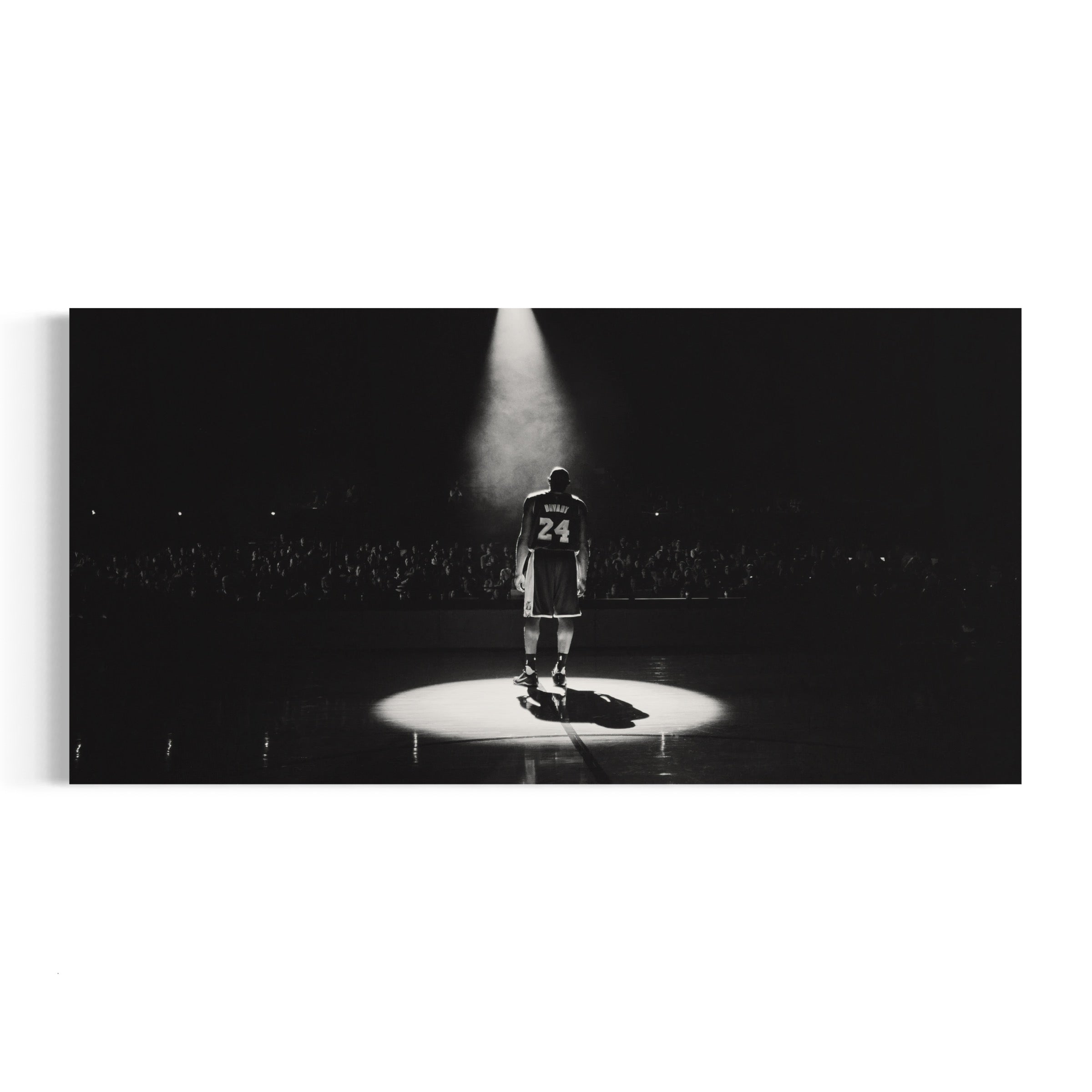 a black and white photo of a person standing on a stage