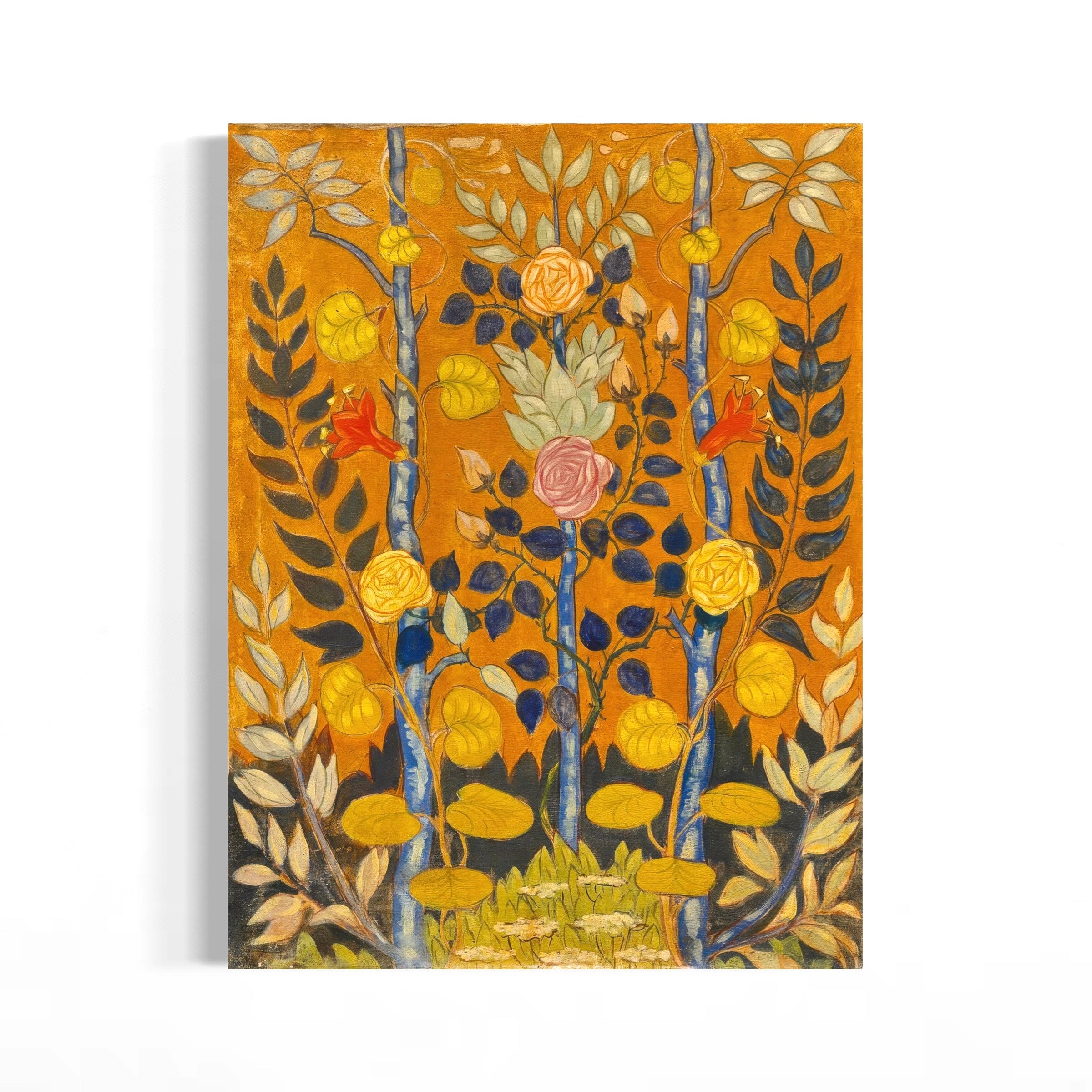 The image is a vibrant and detailed painting featuring a variety of flowers and plants, including roses, lilies, and other colorful blooms, set against a warm, orange-hued background.