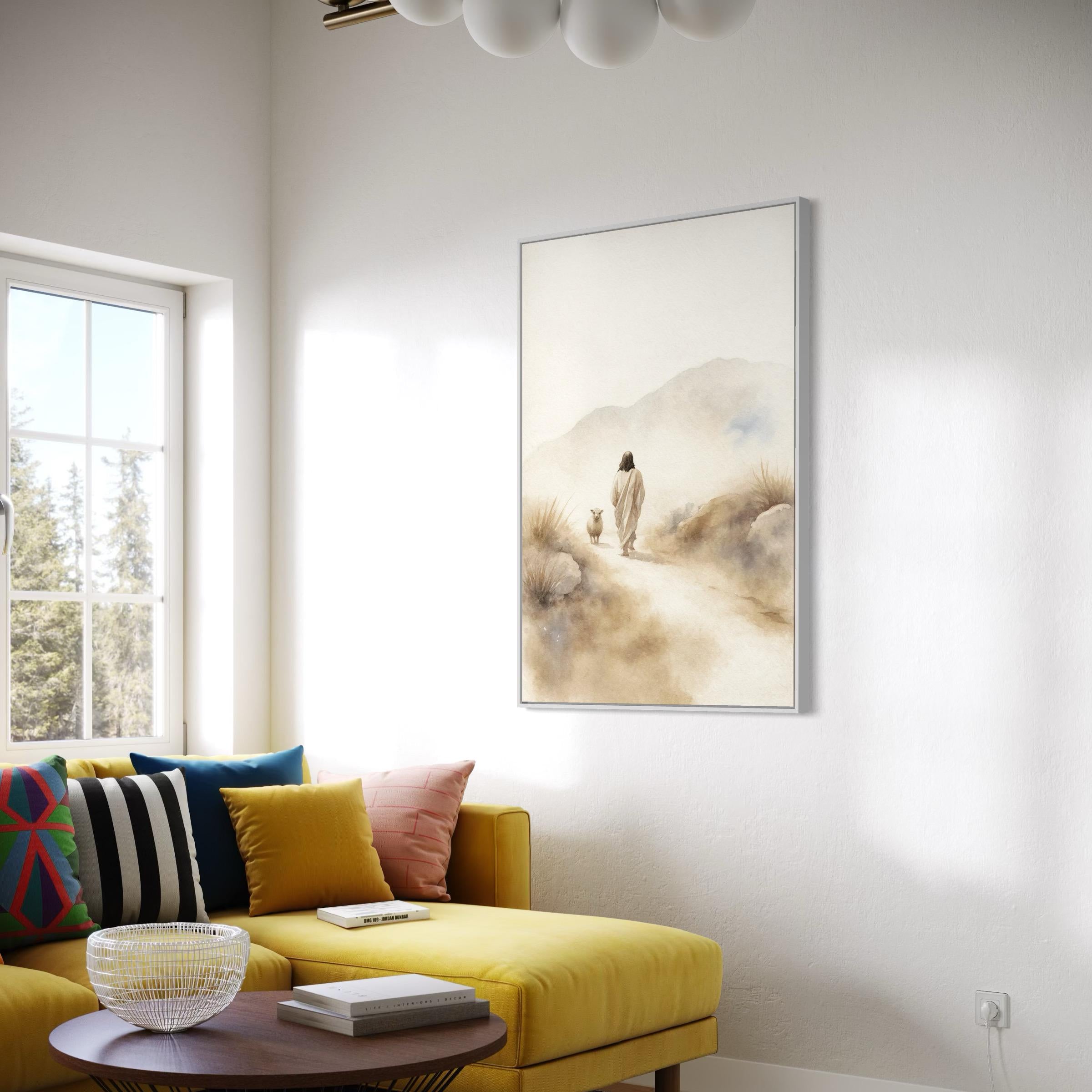 Jesus & Sheep Wall Art Canvas | Minimalist Christian Poster Print | Pastoral Abstract Landscape