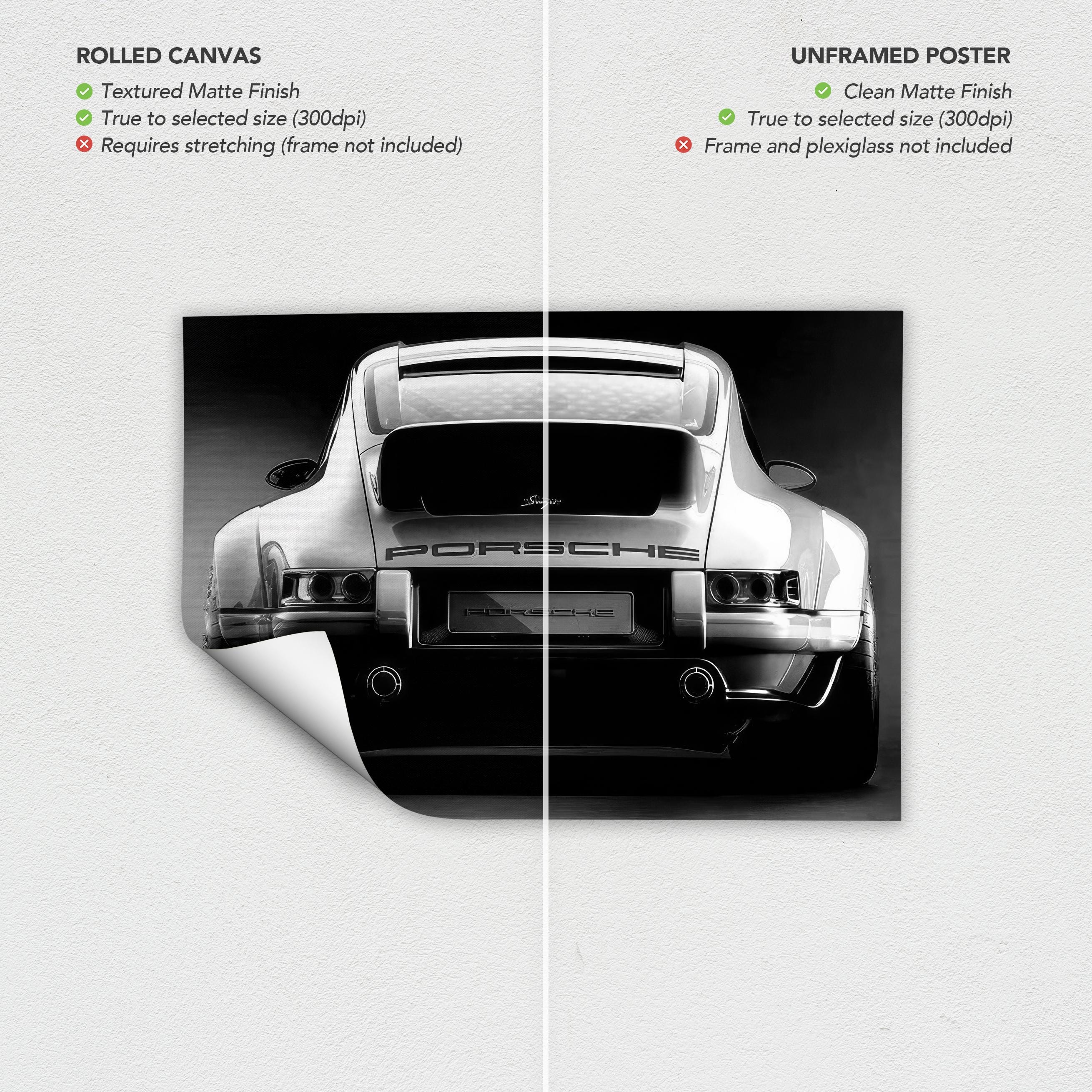 Porsche 911 Rear View Classic Black & White Canvas Art | Poster Print