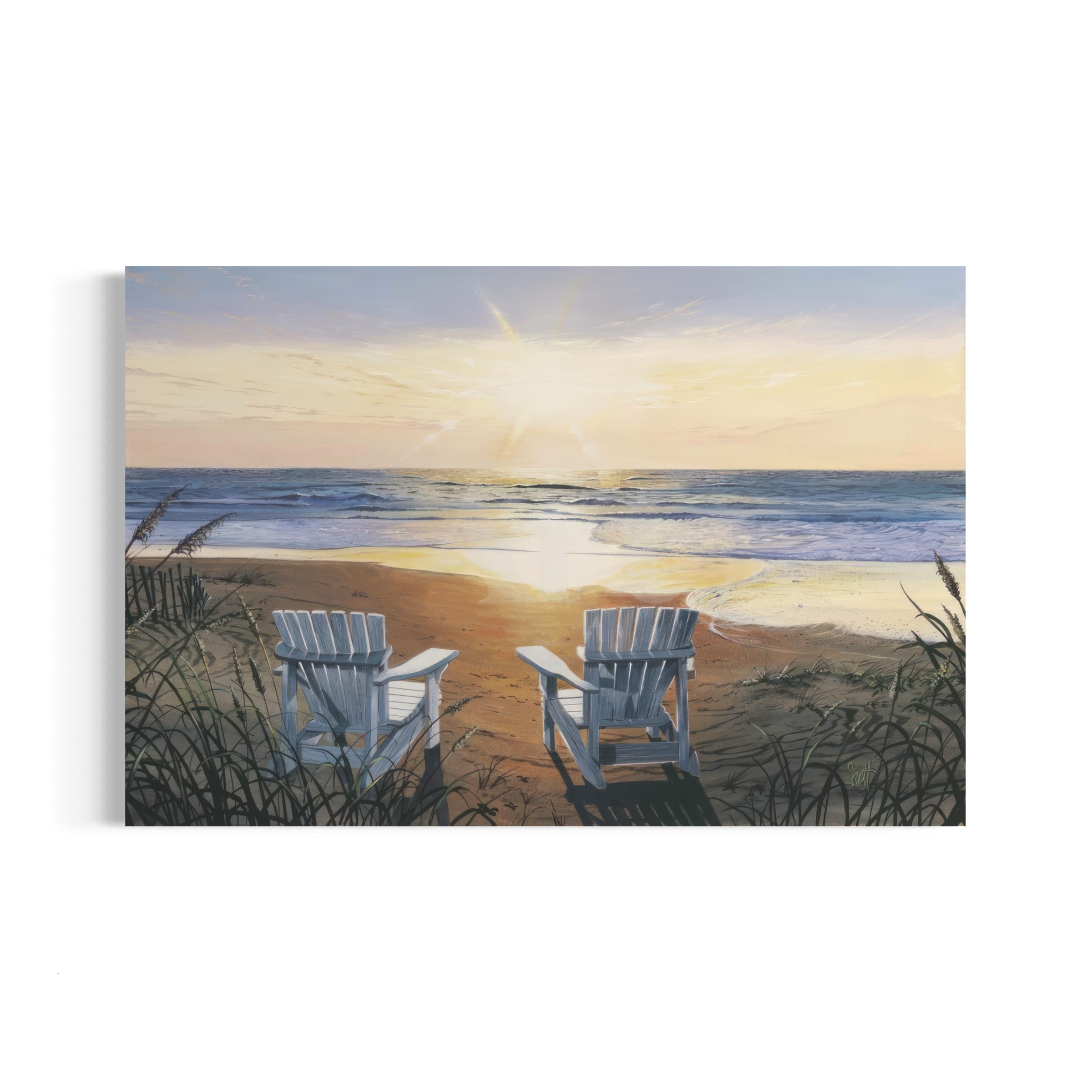 a painting of two chairs facing the ocean