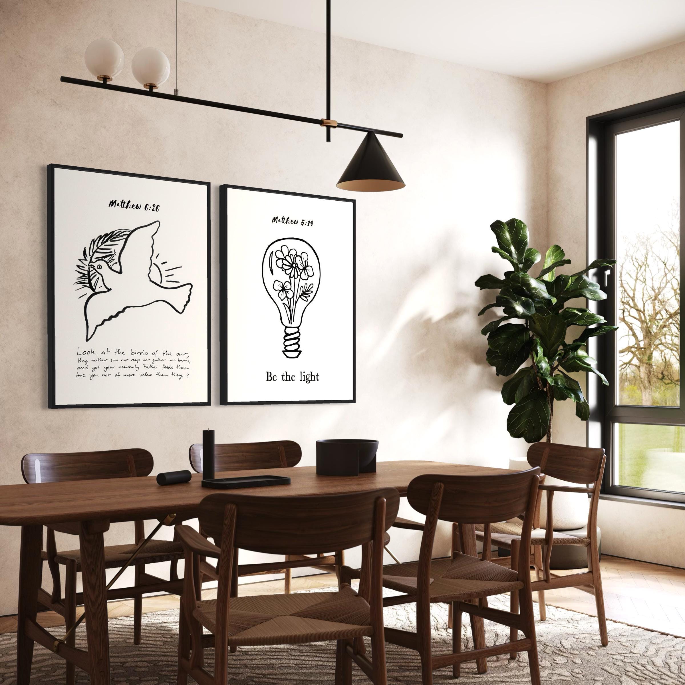 Christian Set of 2 | Be the Light, Look at the Birds | Matthew 5:19 & 6:26 Poster Prints | Canvas Wall Art