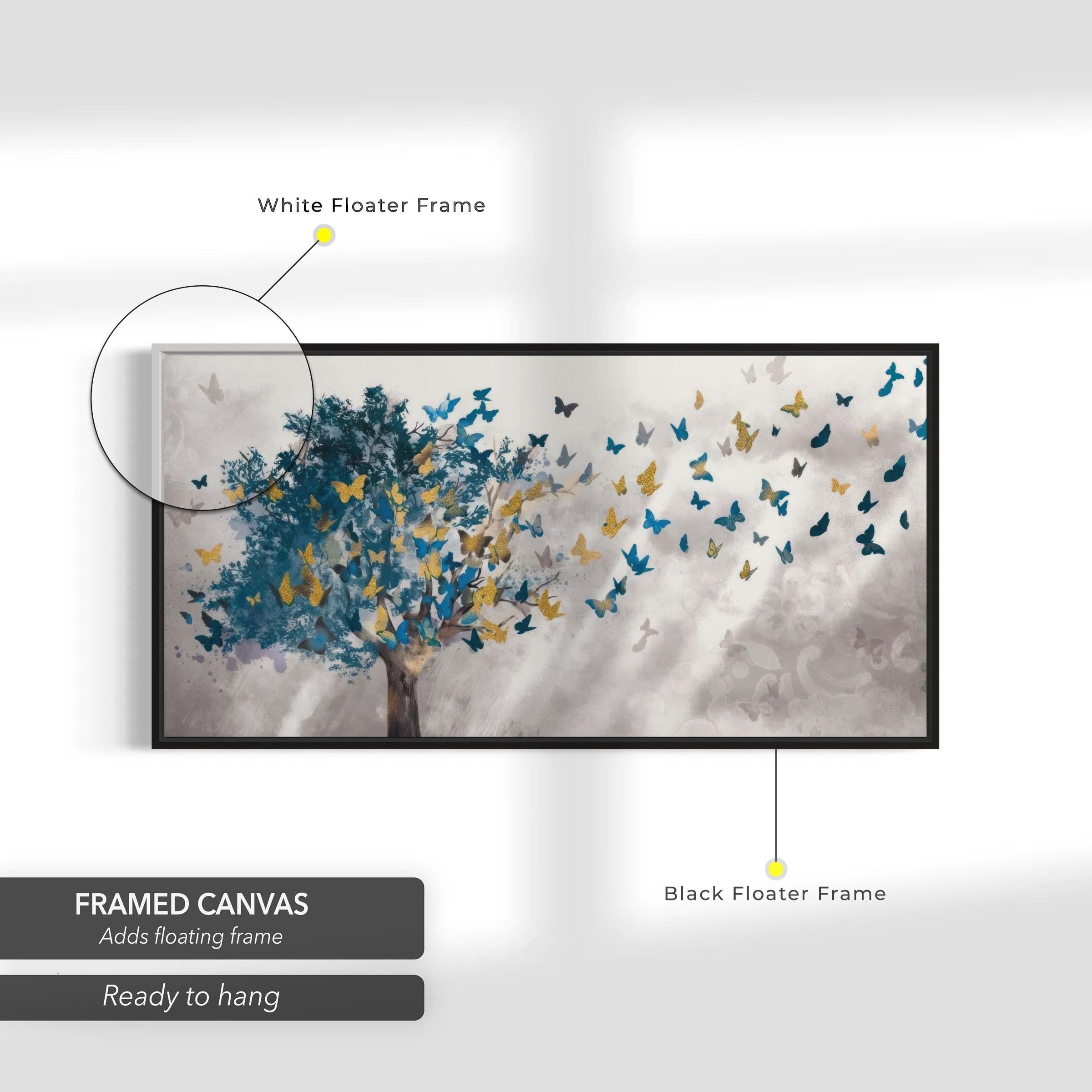 Golden Blue Butterfly Tree | Abstract Nature-Inspired Canvas Art | Poster Print