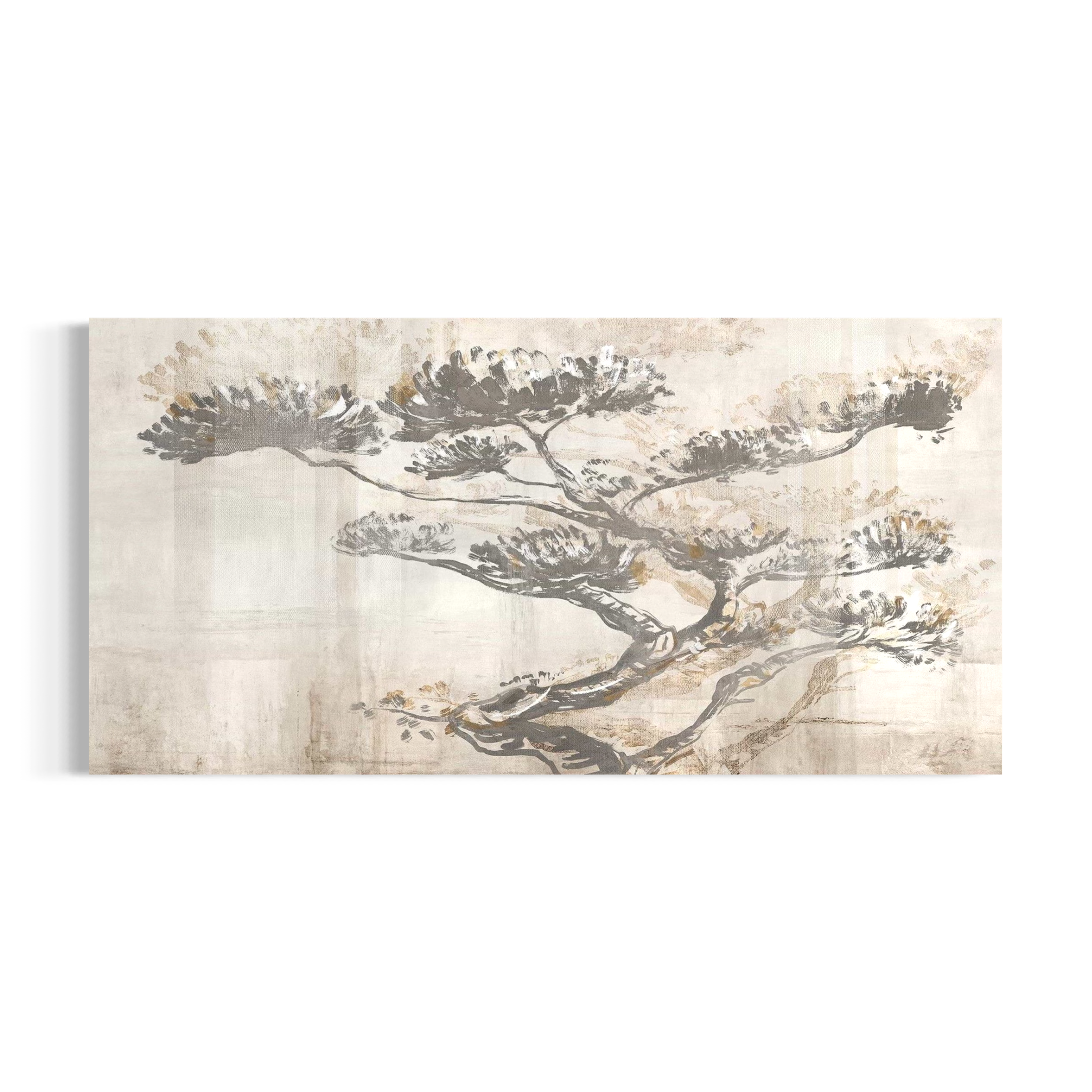 a stylized tree with intricate branches and foliage, rendered in a muted color palette of beige and gray tones.