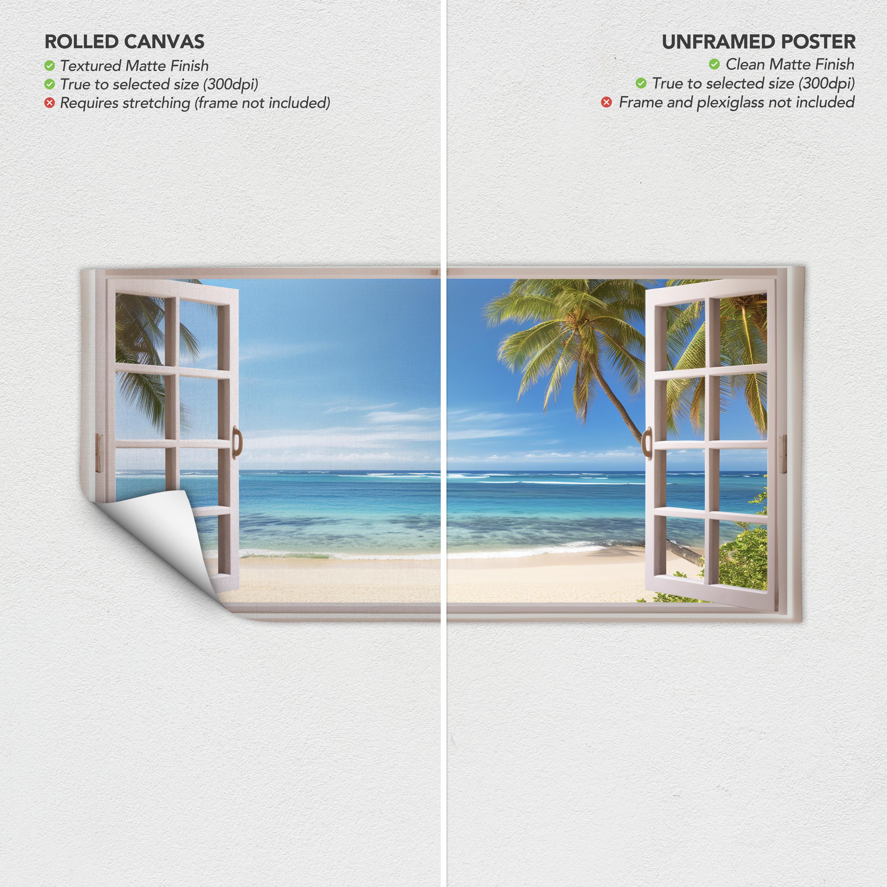 Beach Window View Tropical Ocean Palm Trees | Coastal Landscape Wall Art Canvas | Poster Print