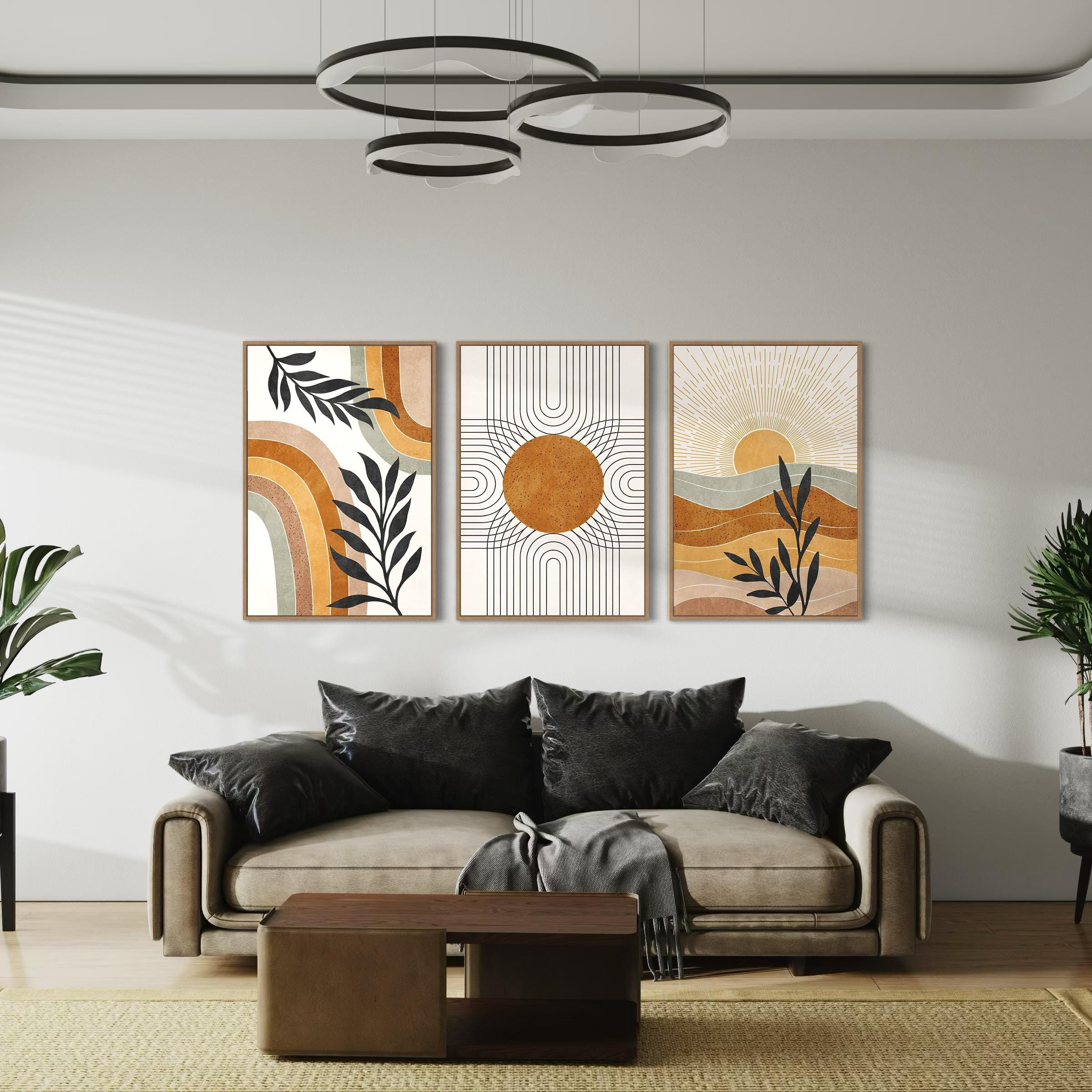 Poster Wall Art Set of 3 Prints | Geometric Sun Desert Plants Canvas | Mid Century Modern Boho