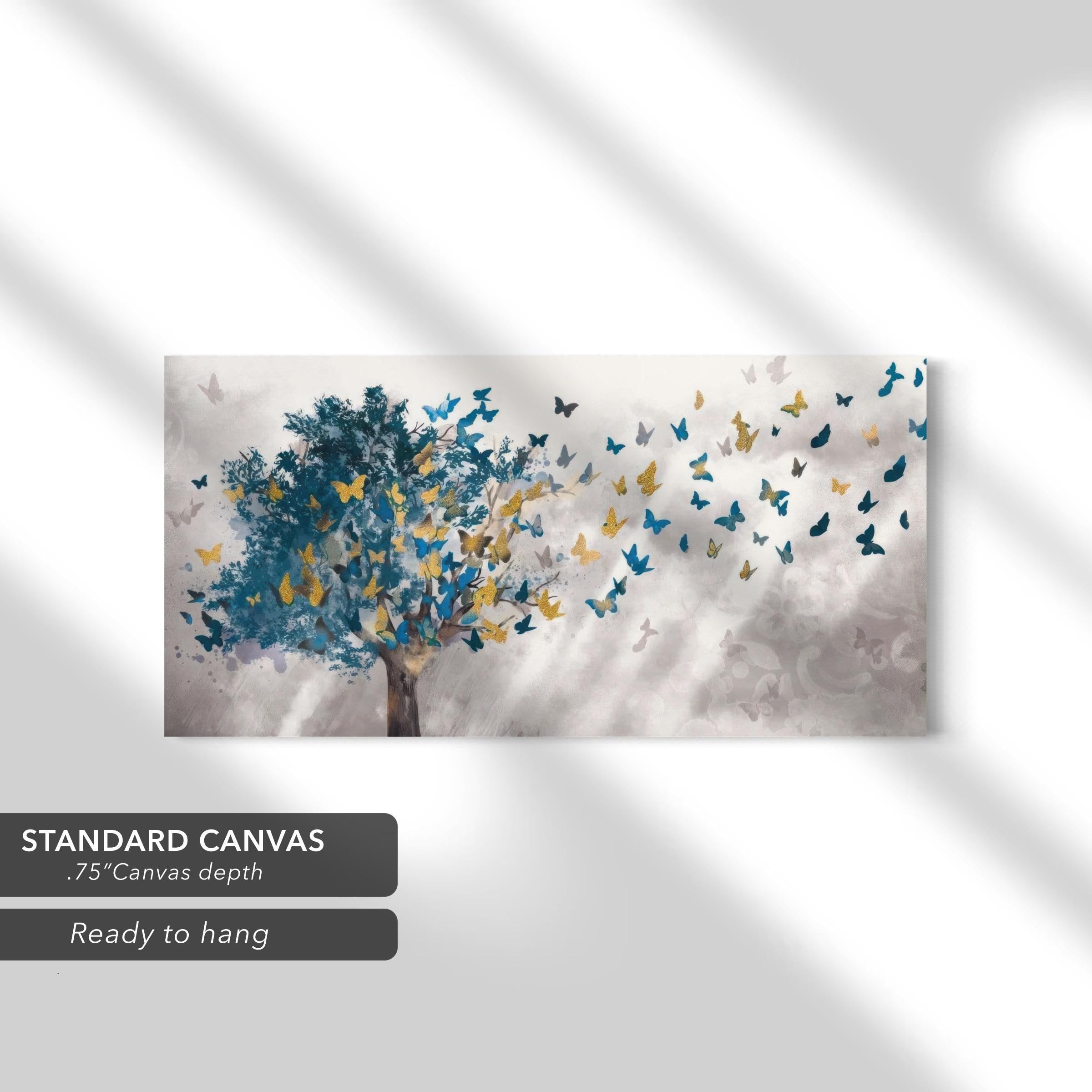 Golden Blue Butterfly Tree | Abstract Nature-Inspired Canvas Art | Poster Print