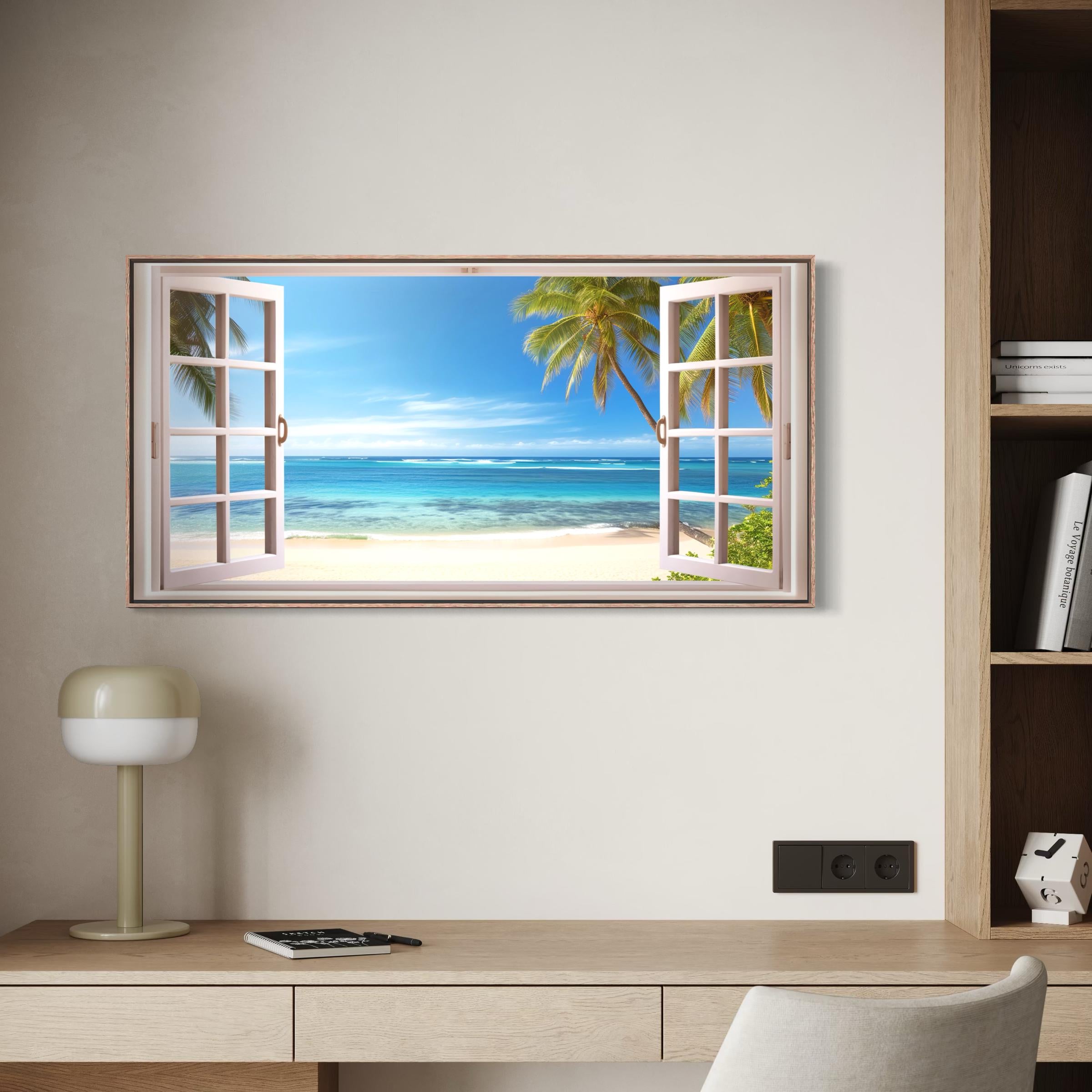 Beach Window View Tropical Ocean Palm Trees | Coastal Landscape Wall Art Canvas | Poster Print