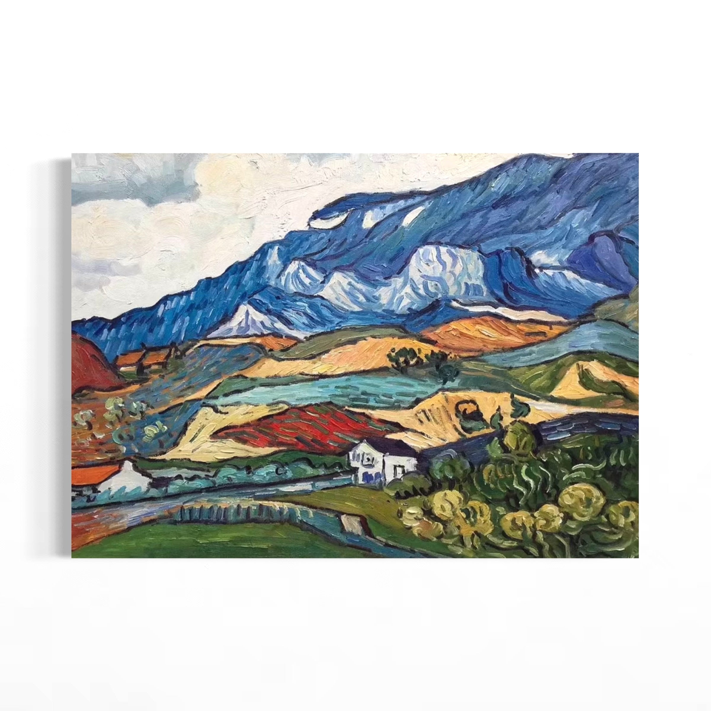 The image is a vibrant landscape painting depicting a mountainous, hilly terrain with a variety of colors and textures, including blue, green, orange, and red.