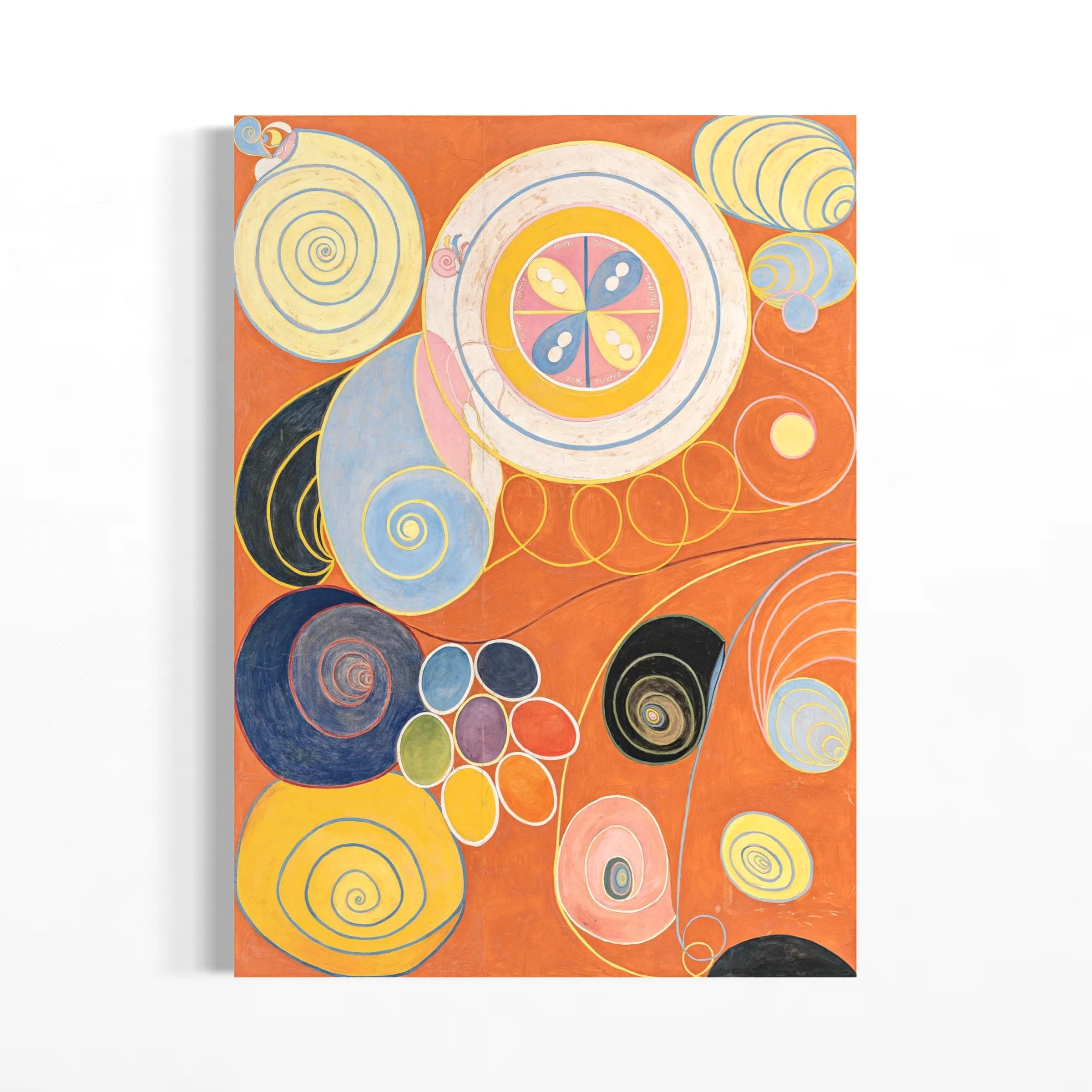 The image is an abstract painting featuring a variety of colorful and organic shapes, including circles, spirals, and other organic forms, arranged in a visually striking composition.