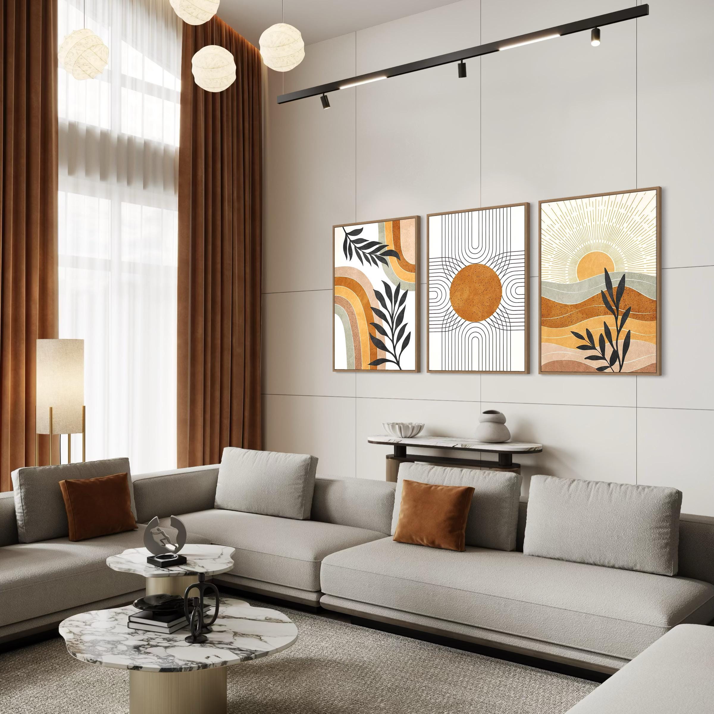Poster Wall Art Set of 3 Prints | Geometric Sun Desert Plants Canvas | Mid Century Modern Boho