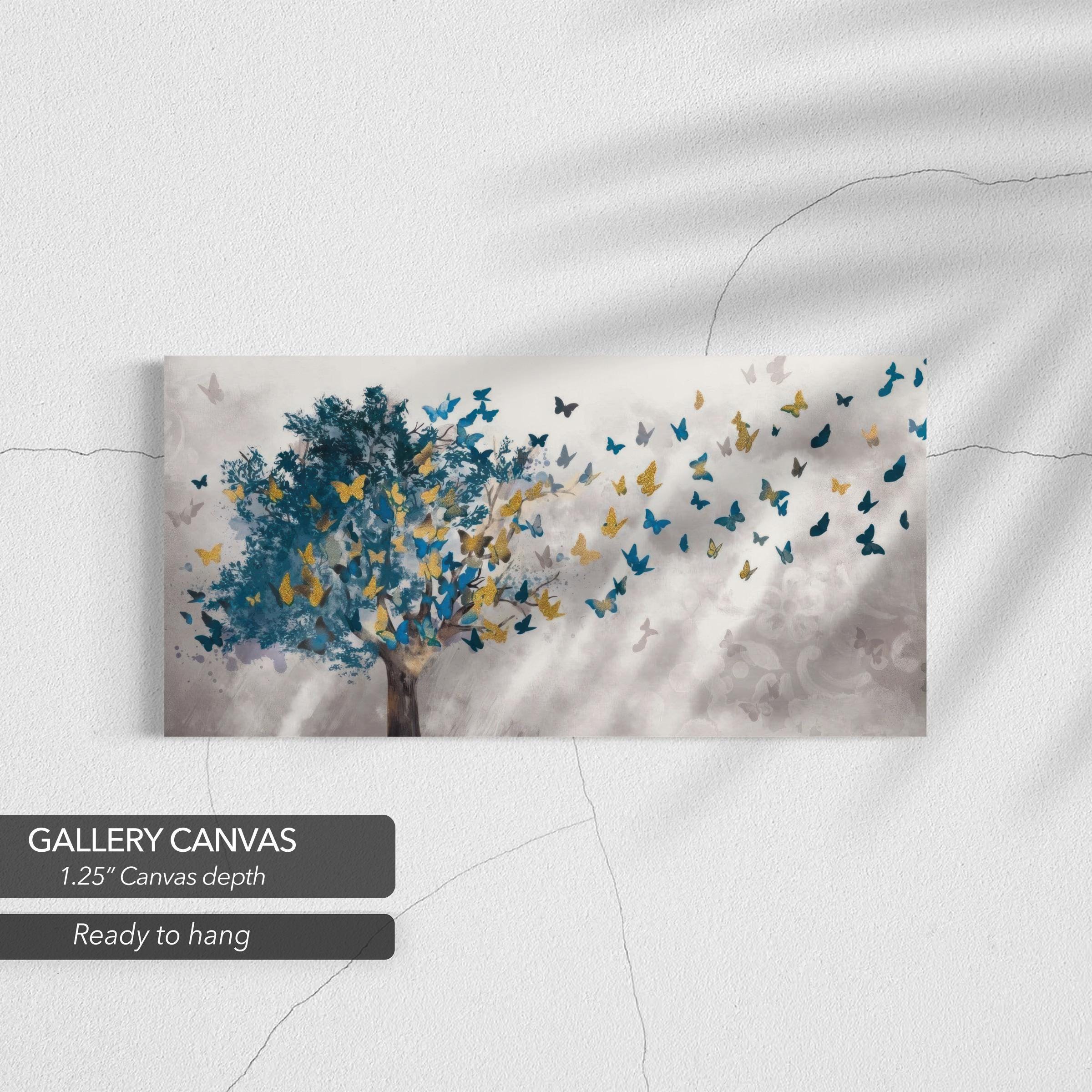 Golden Blue Butterfly Tree | Abstract Nature-Inspired Canvas Art | Poster Print