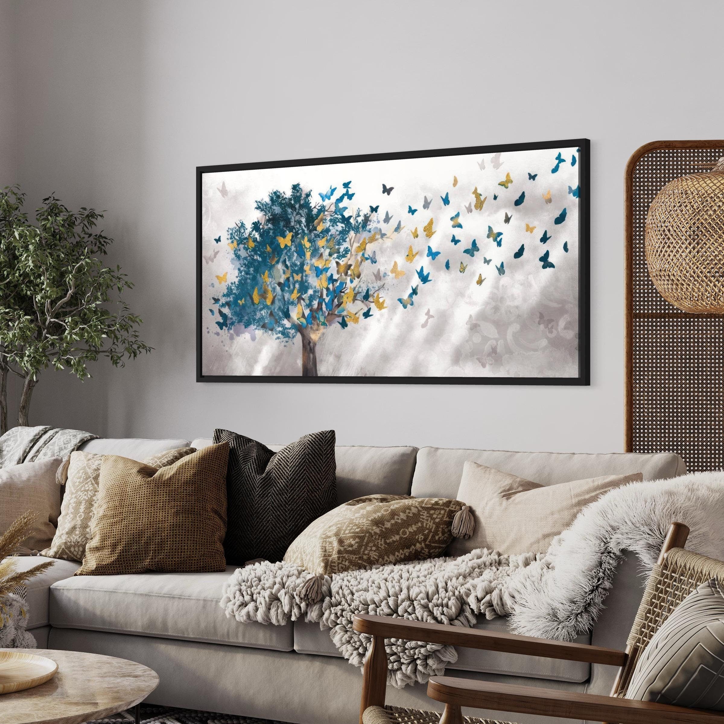 Golden Blue Butterfly Tree | Abstract Nature-Inspired Canvas Art | Poster Print