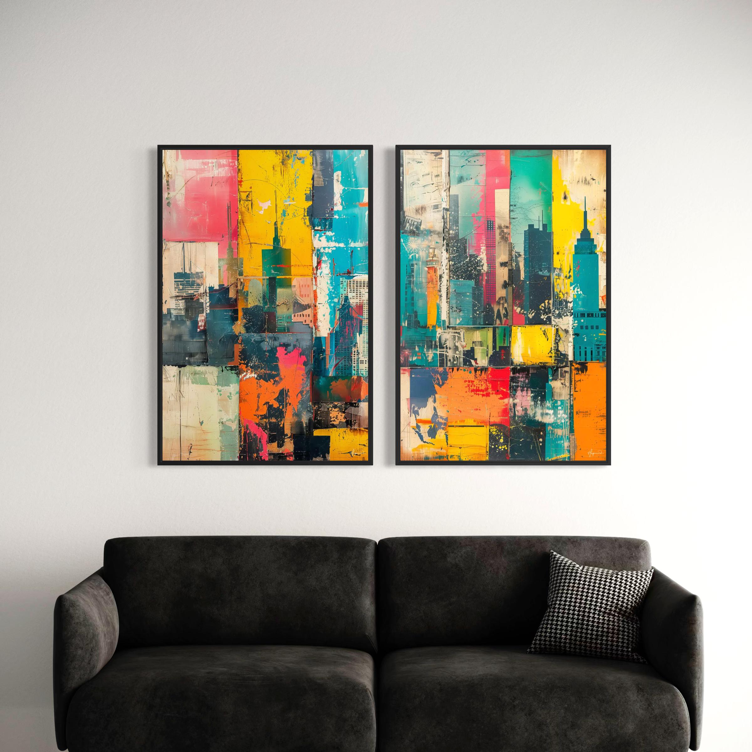 NYC Skyline Canvas Wall Art Set of 2 | Abstract City Urban Framed Poster Prints