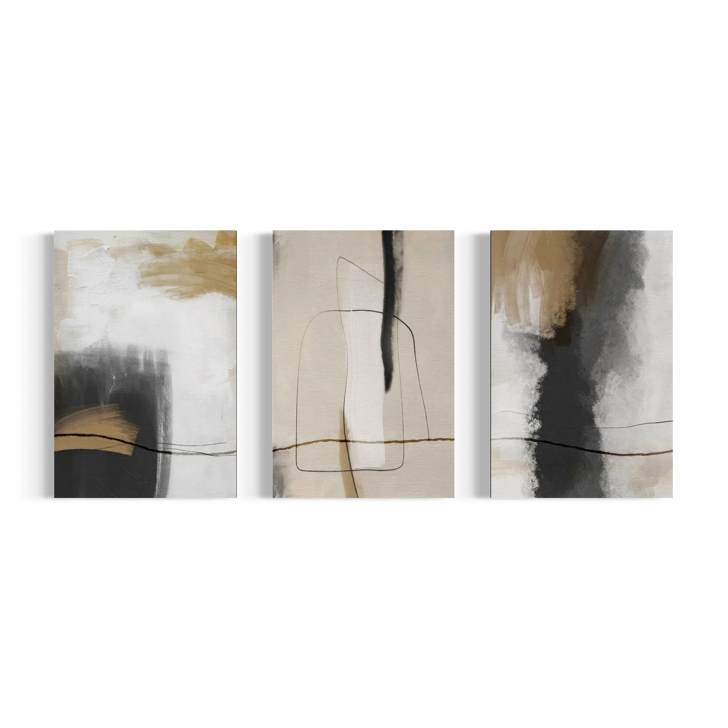 three abstract paintings displayed in a row on a white wall.