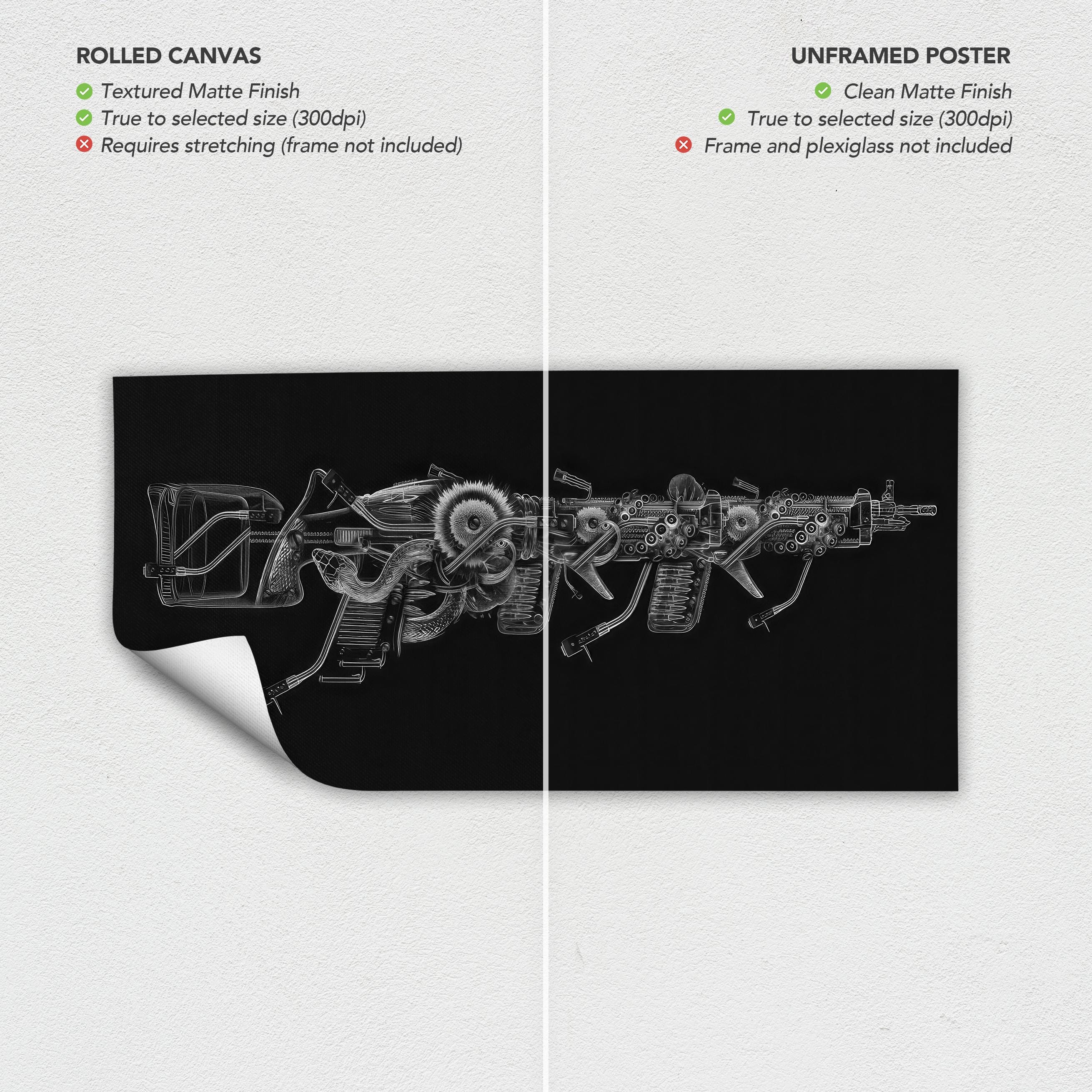 Mechanical Gun Blueprint Futuristic Weapon Schematic | Canvas Art | Poster Print