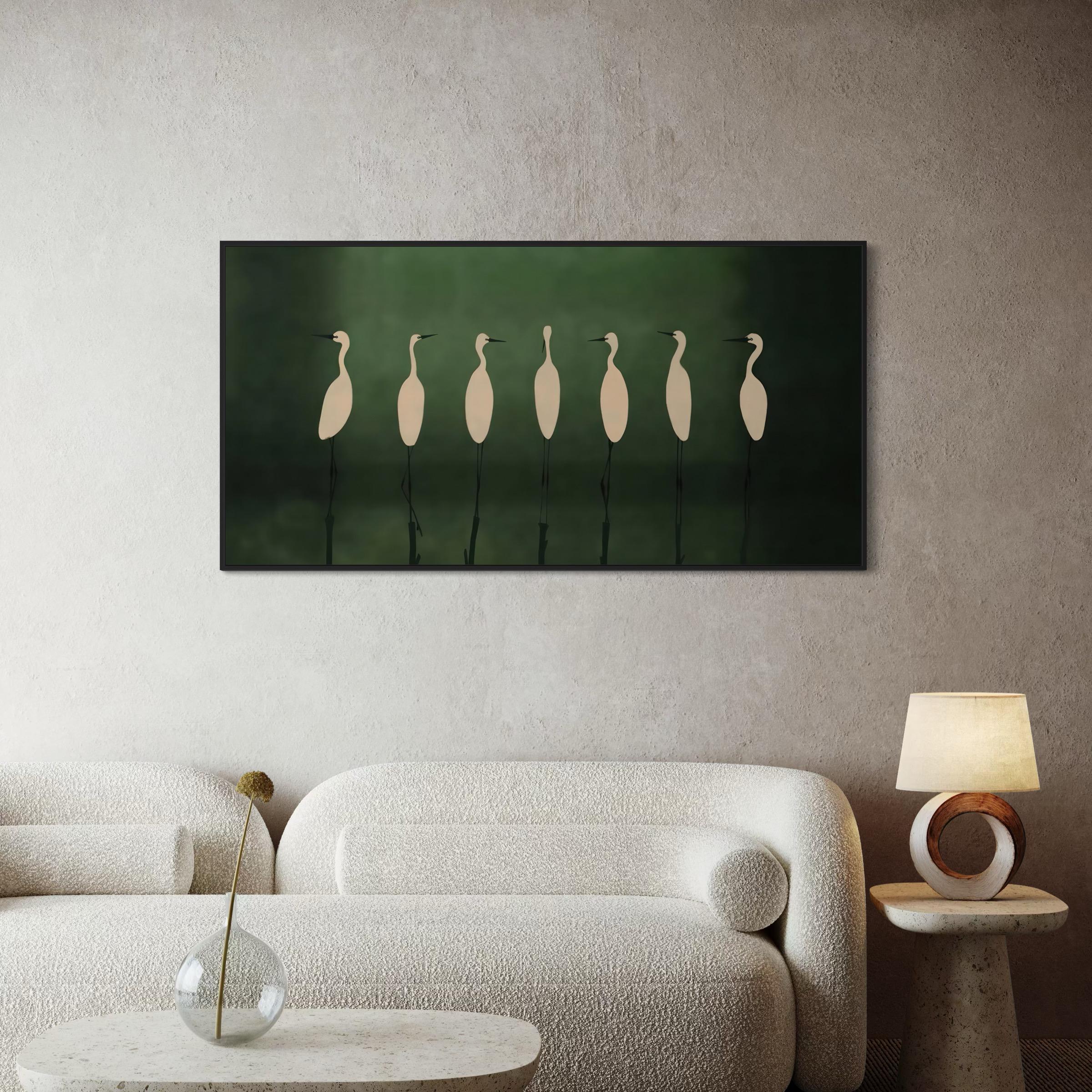 Large Heron Crane Minimalist Wall Art Canvas | Elegant White Birds on Deep Green Poster Print