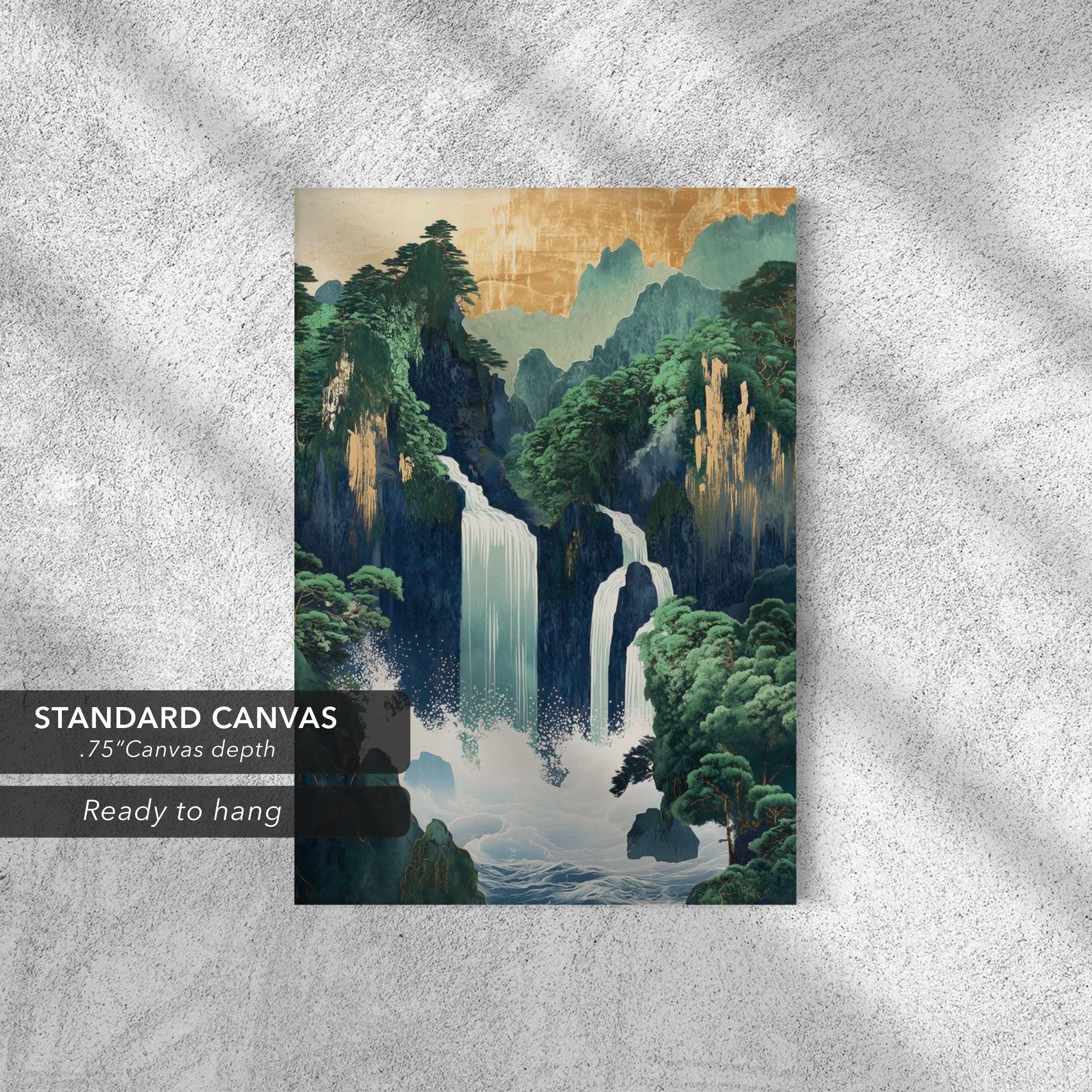 Hokusai Japanese Waterfall | Ukiyo-e Landscape | Green Japanese Canvas Art | Poster Print