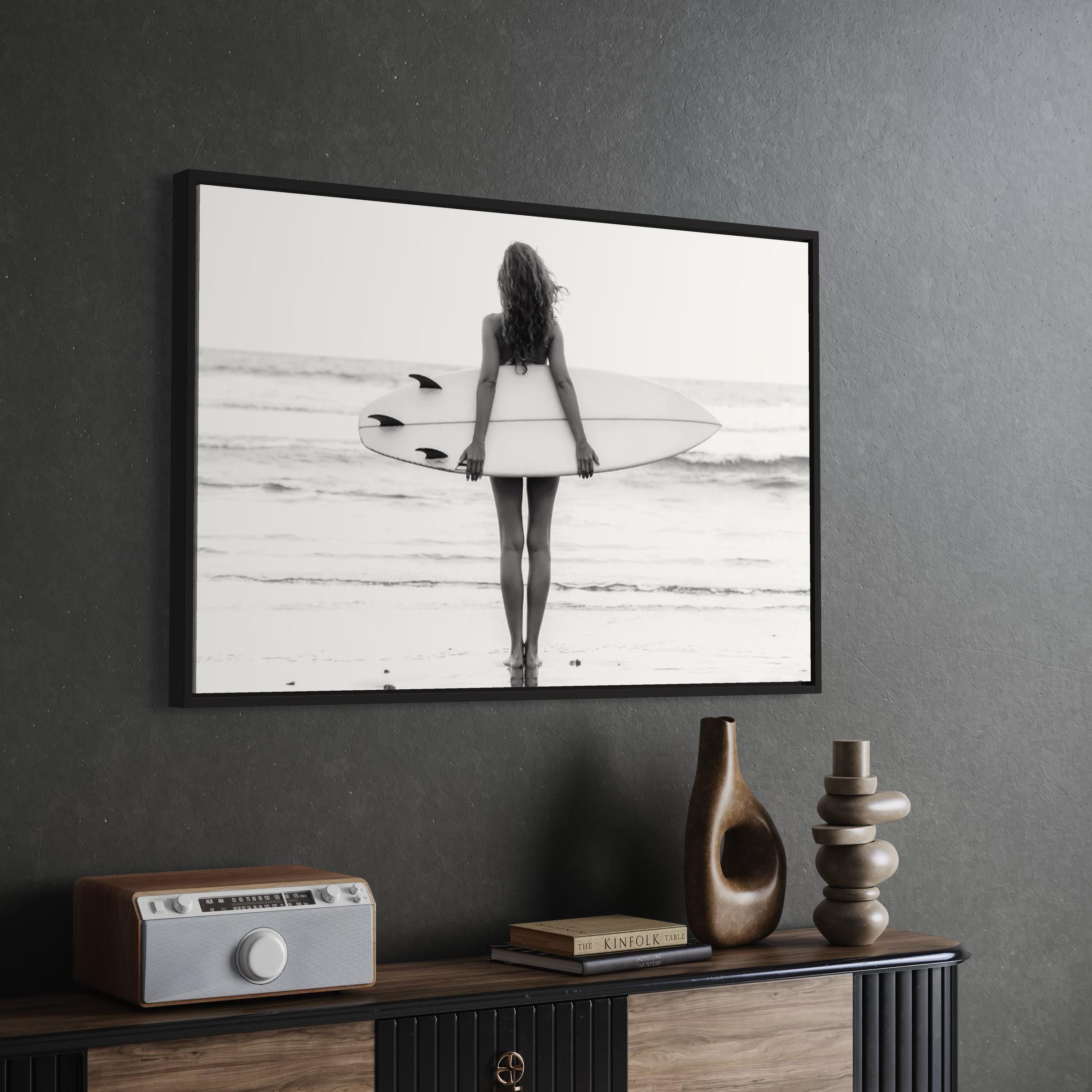 Beach Surf Minimalist Black & White Surfer | Surfboard Ocean Photo Canvas Art | Poster Print