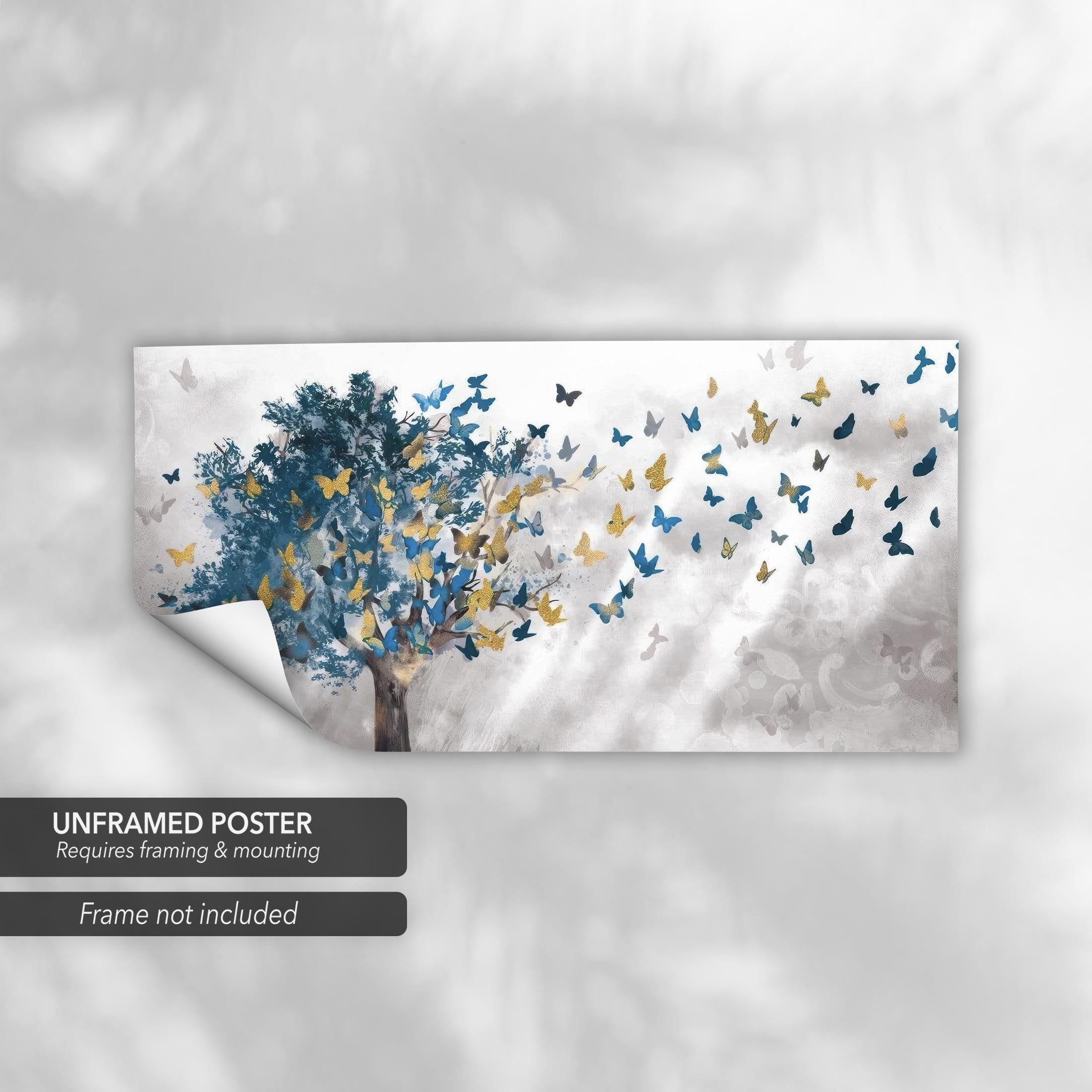 Golden Blue Butterfly Tree | Abstract Nature-Inspired Canvas Art | Poster Print
