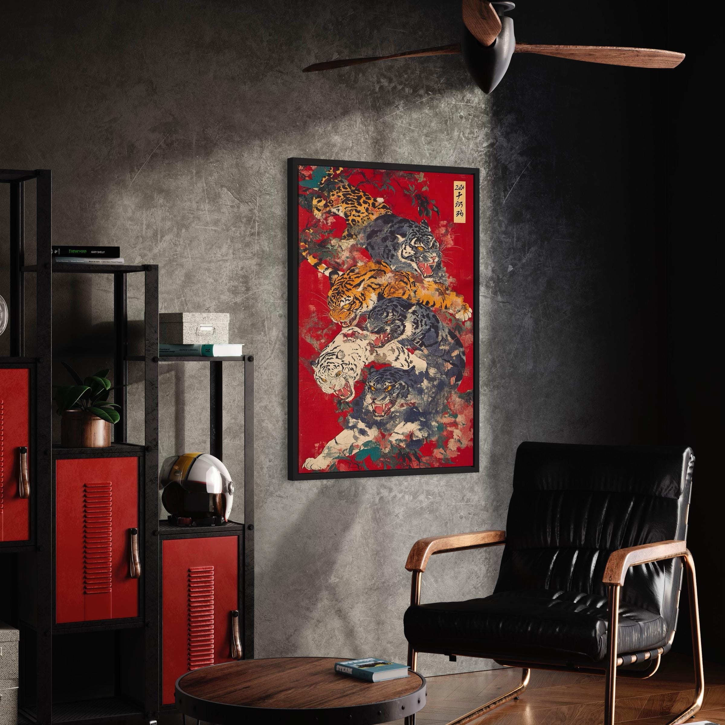 Vintage Japanese Tiger | Red & Black Japanese Animal Canvas Art | Poster Print