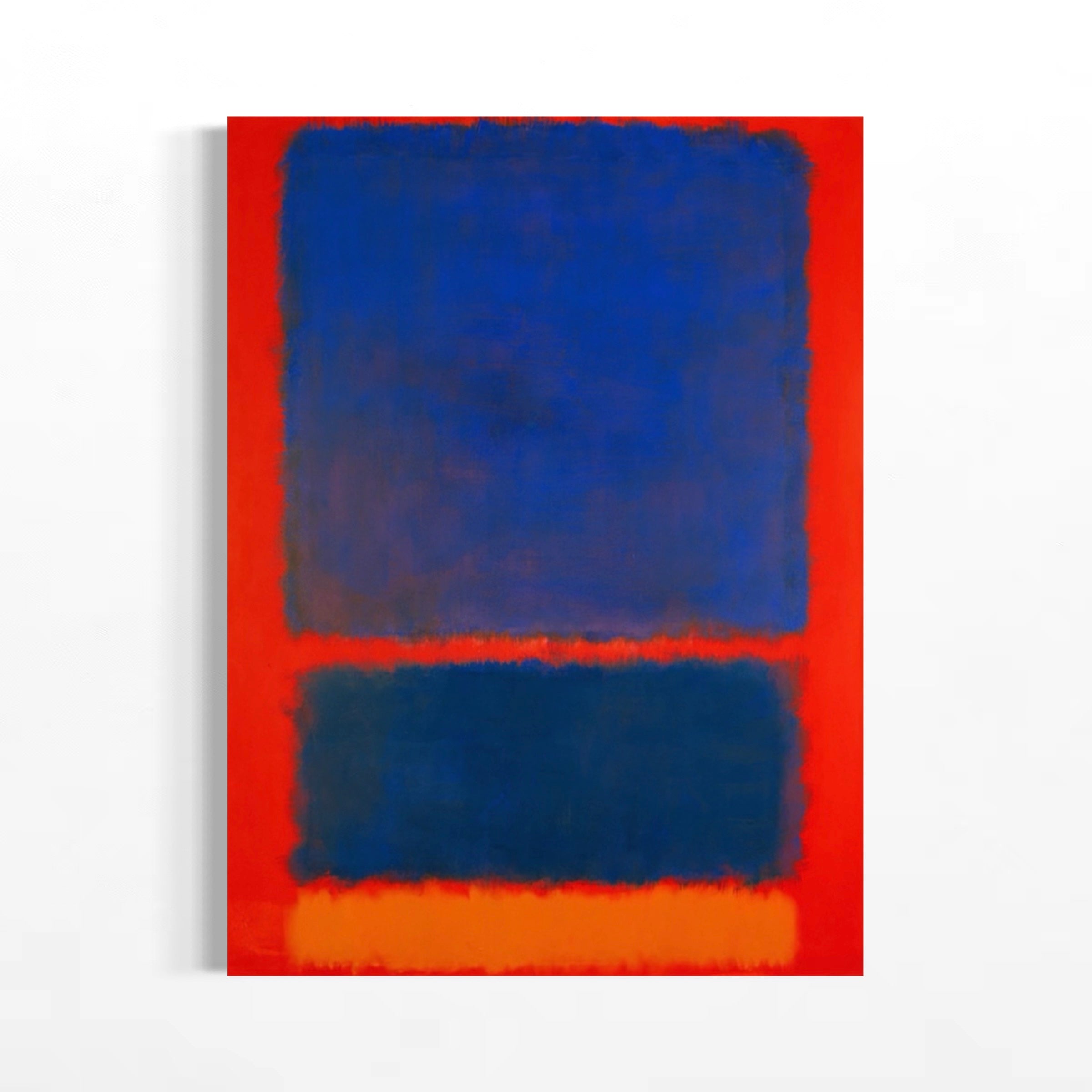 The image is a bold abstract painting with a striking contrast of blue and red. The painting features a large, rectangular shape in a deep blue hue, with a smaller rectangular shape in a vibrant red color. The painting is set against a white background, which accentuates the colors and shapes.