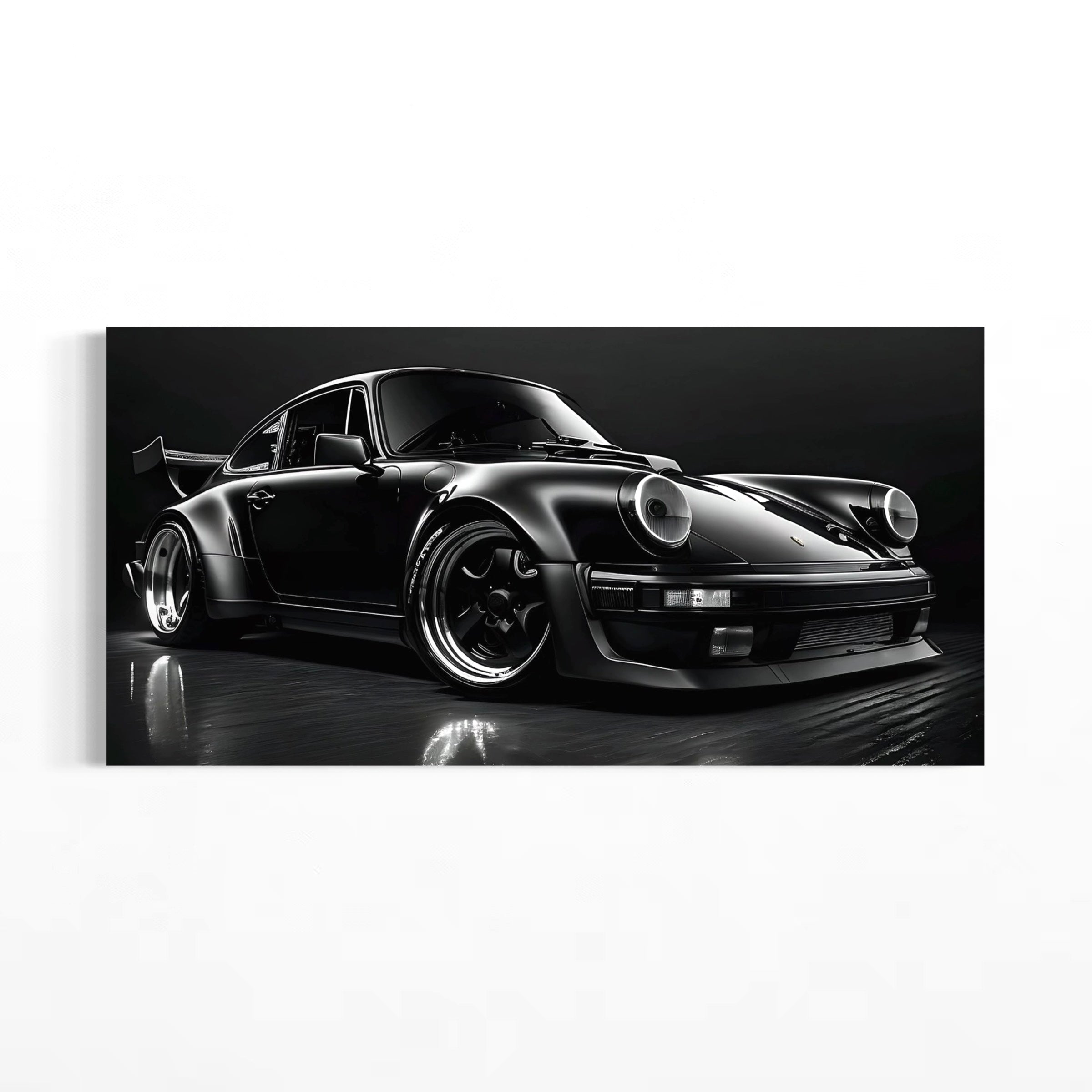 A sleek, black sports car with a large rear wing and high-performance wheels is featured prominently in the image.