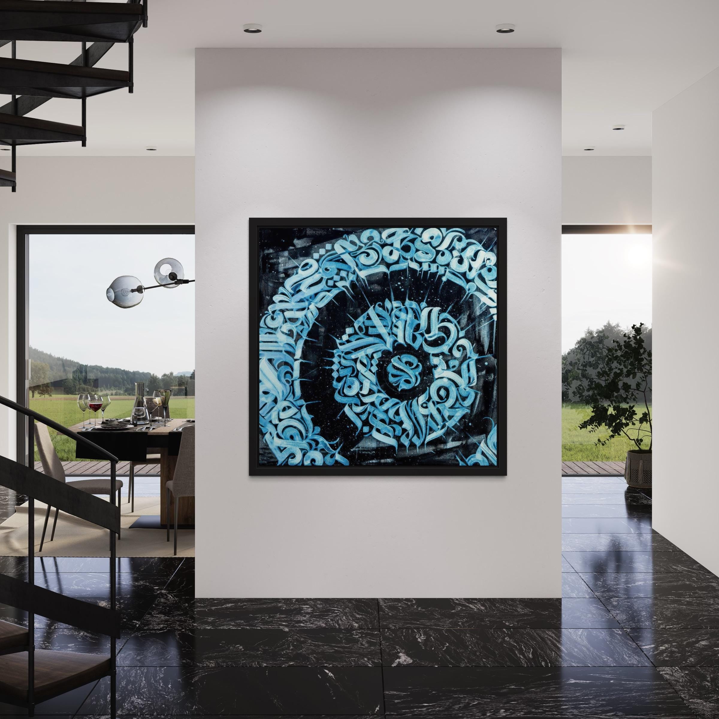 Spiral Calligraphy Abstract Blue & Black Graffiti Canvas Art | Poster Print