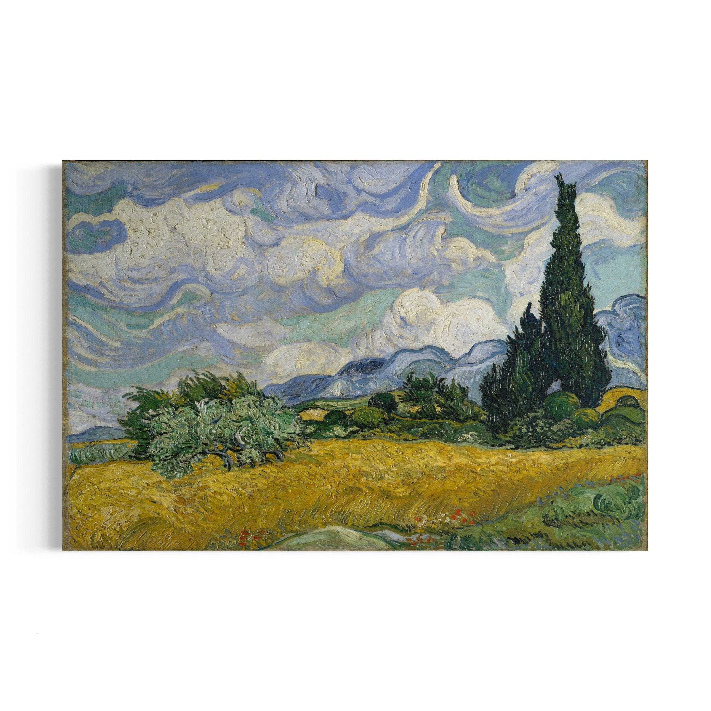 a painting of a field with trees and clouds