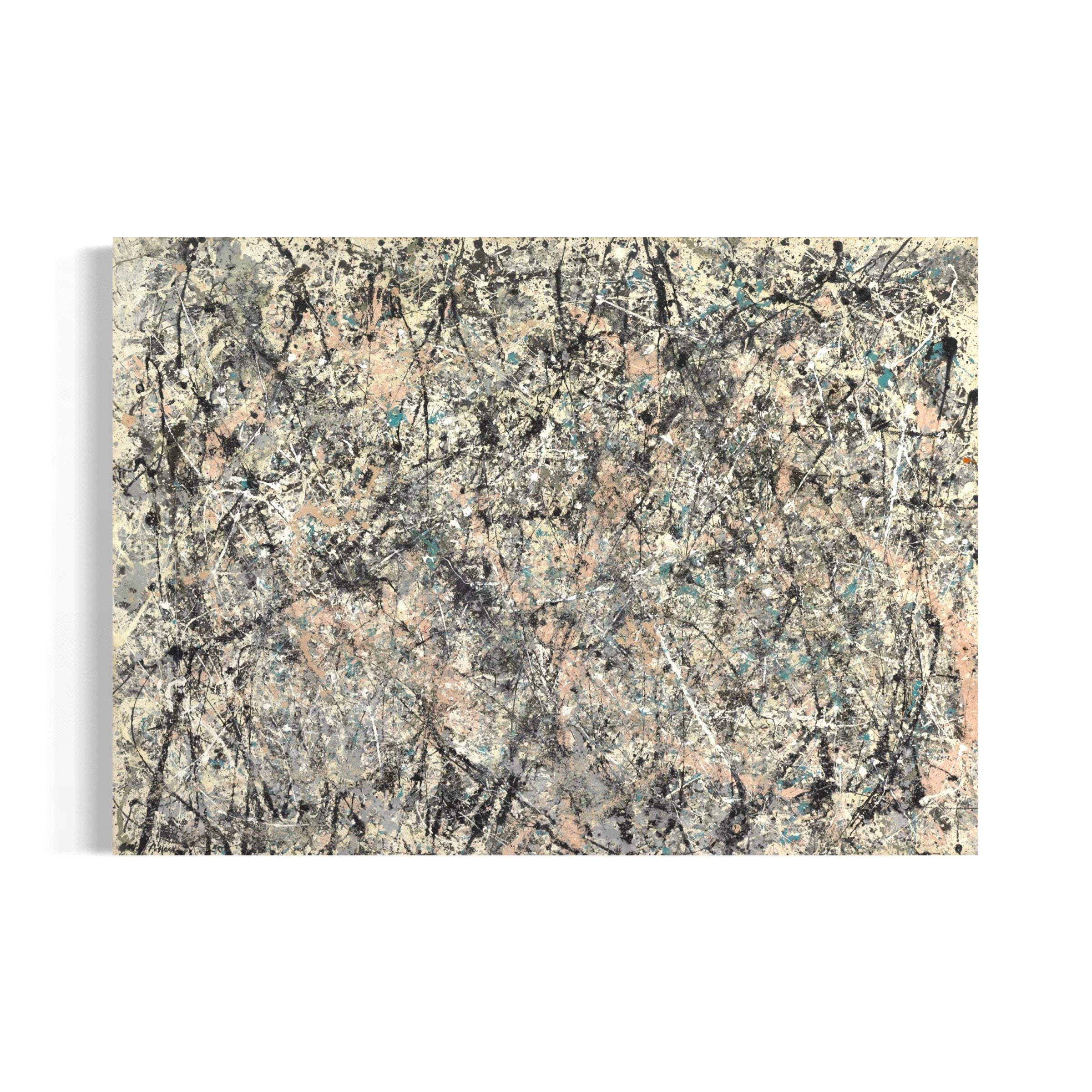The image is an abstract painting with a chaotic and textured appearance, featuring a mix of black, gray, and beige colors.