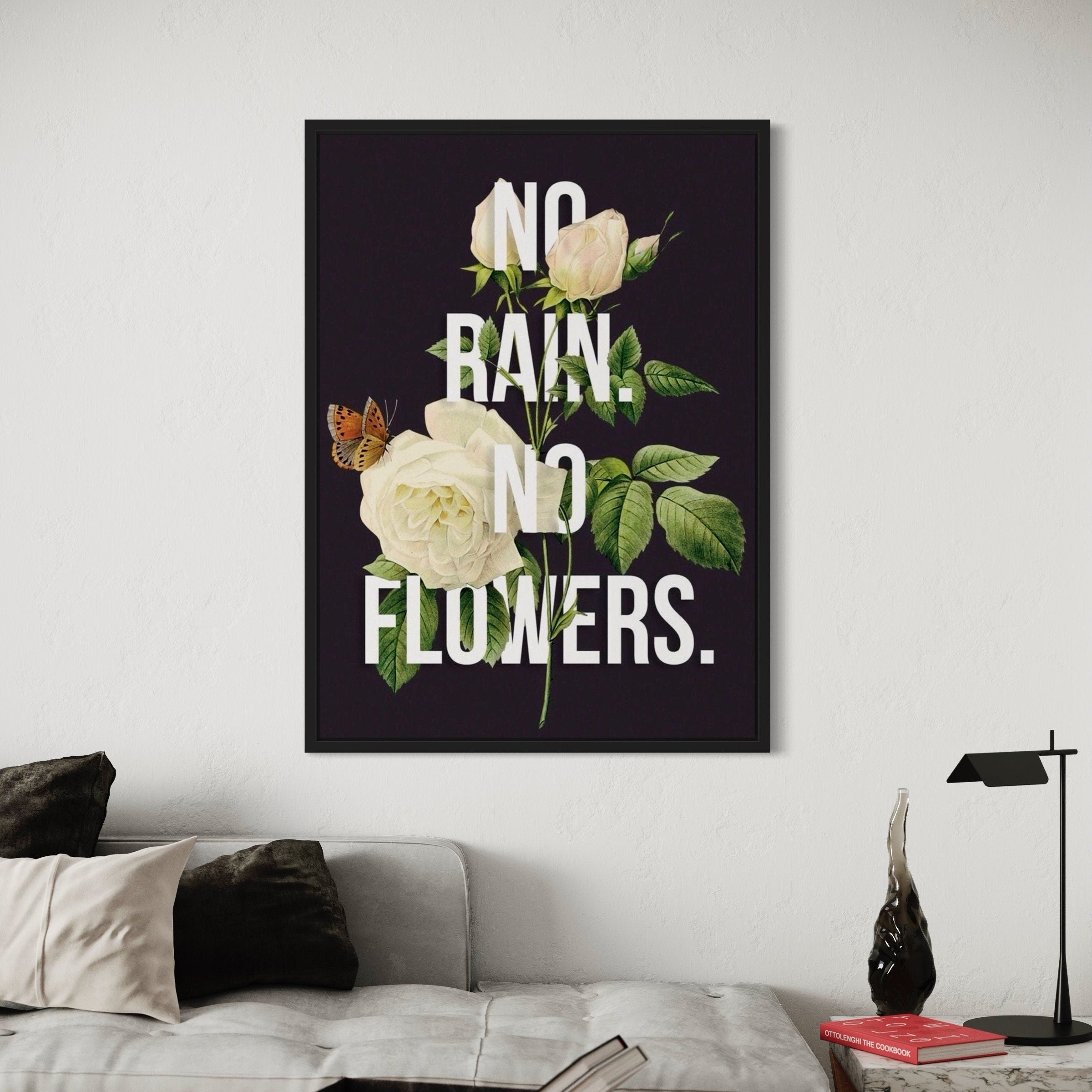 No Rain No Flowers Motivational Art | Inspirational Floral Decor Canvas Wall Art | Poster Print