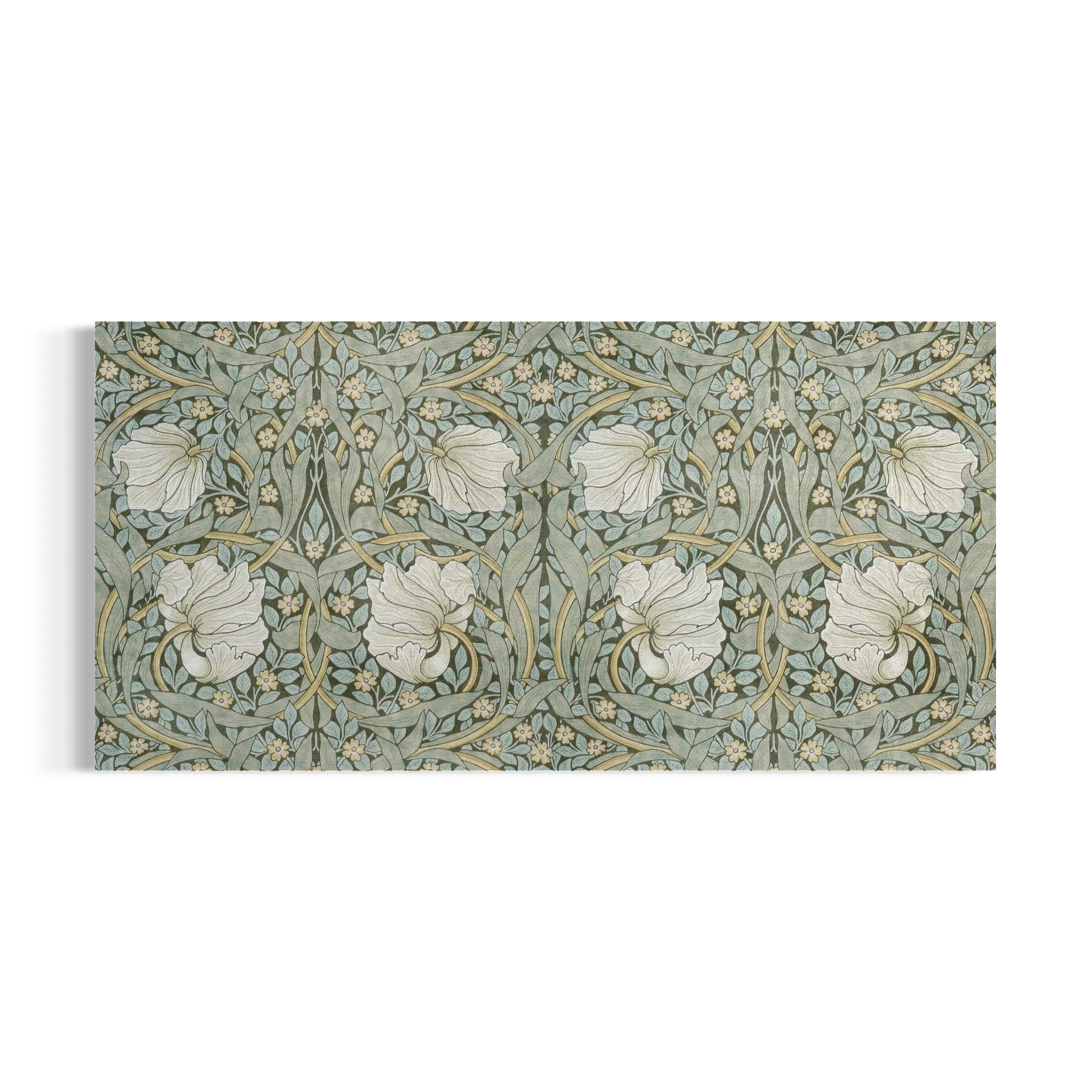 a repeating pattern of white flowers and leaves against a light green background.