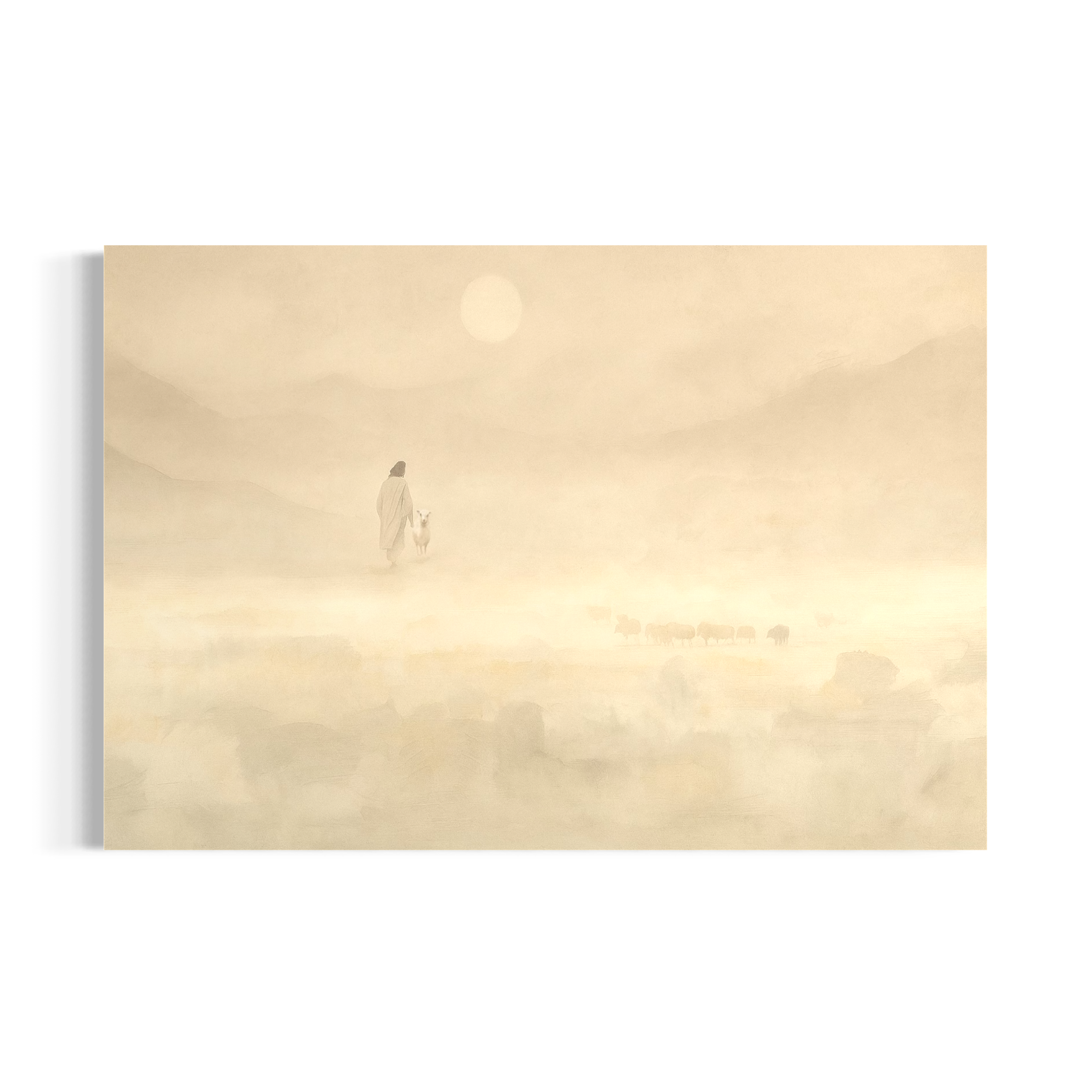 a person walking in a foggy field, with a large sun in the sky.
