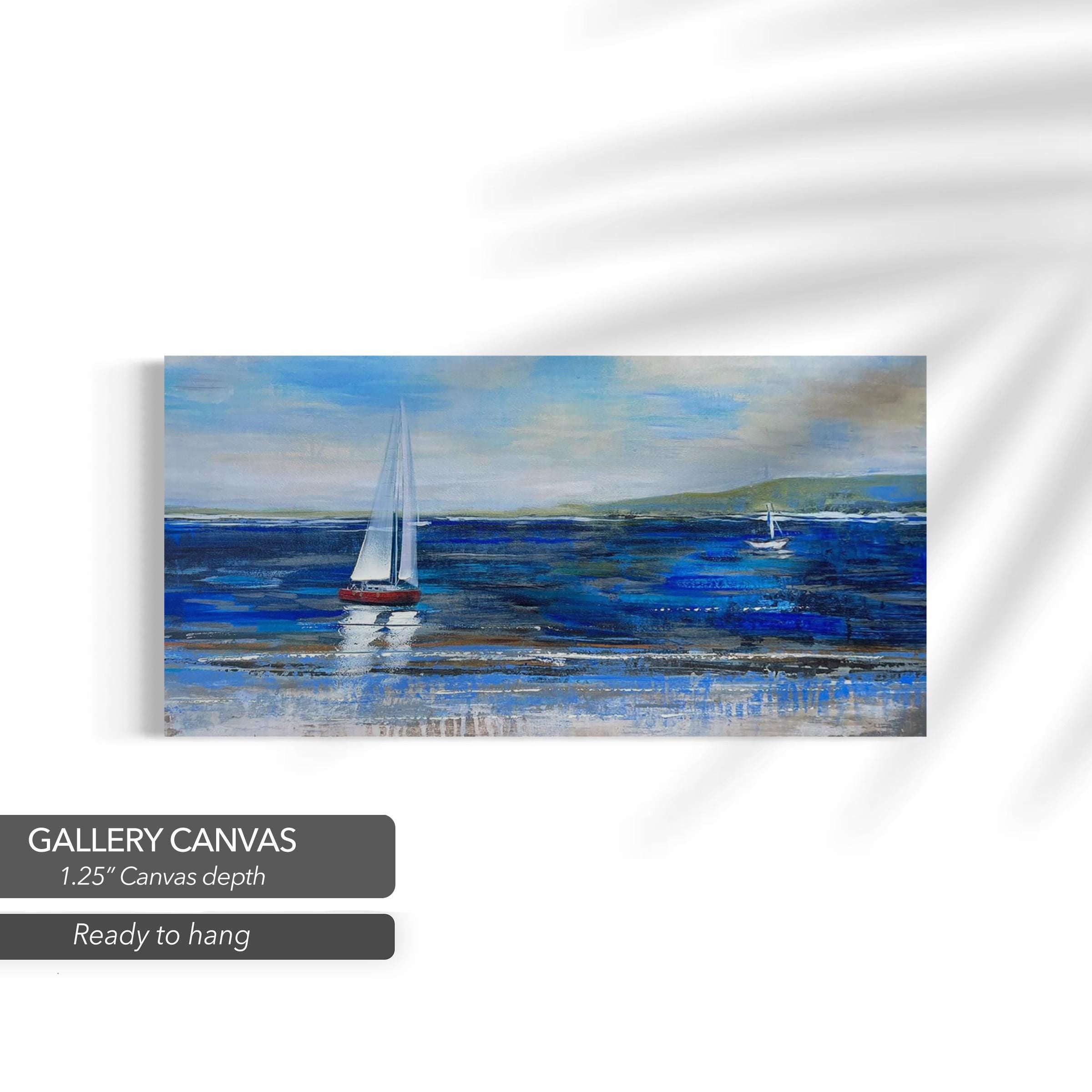 Blue Abstract Seascape | Textured Ocean & Sailboats Canvas Art | Poster Print