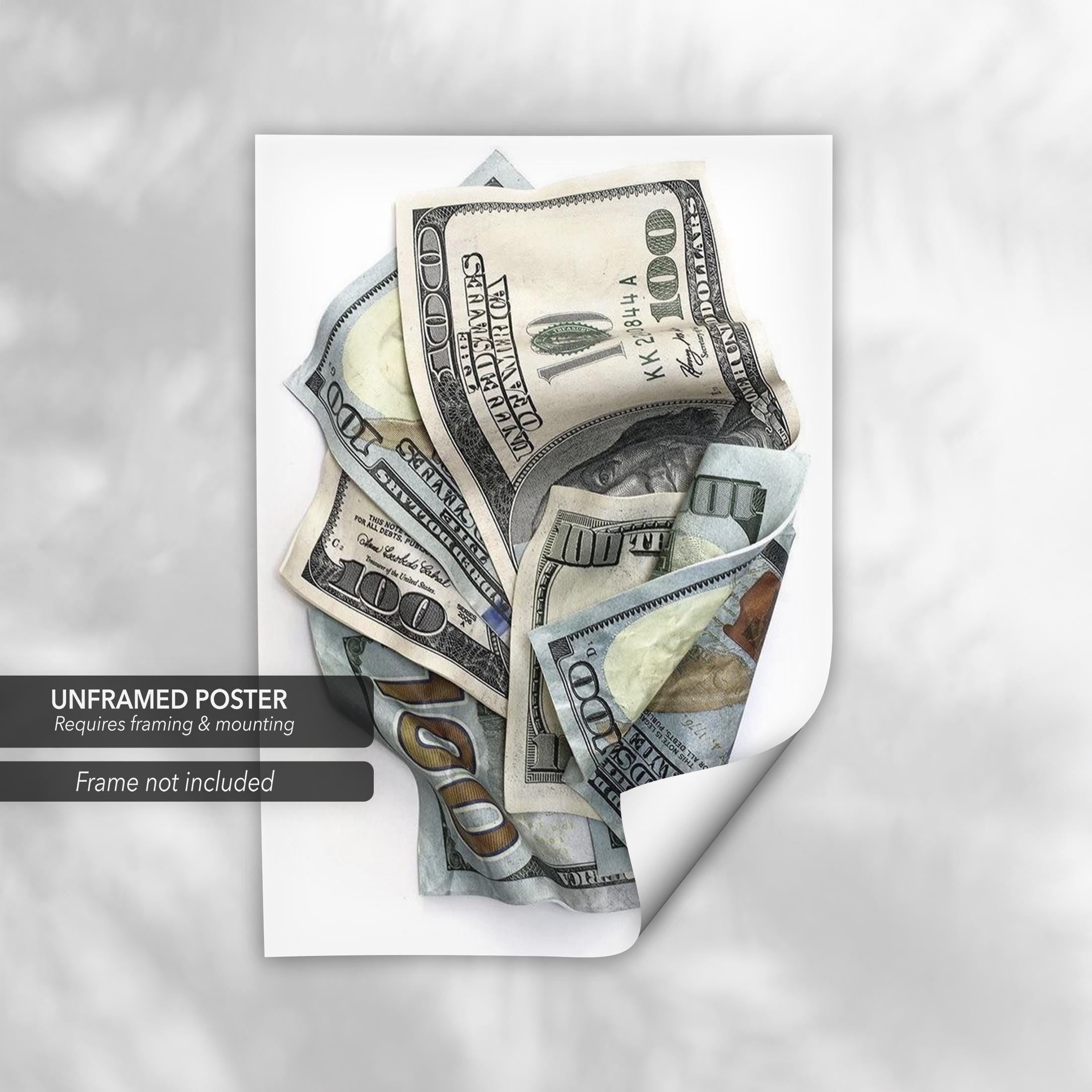 Crumpled Hundred Dollar | 100 Bill Realistic Money Canvas Art | Poster Print