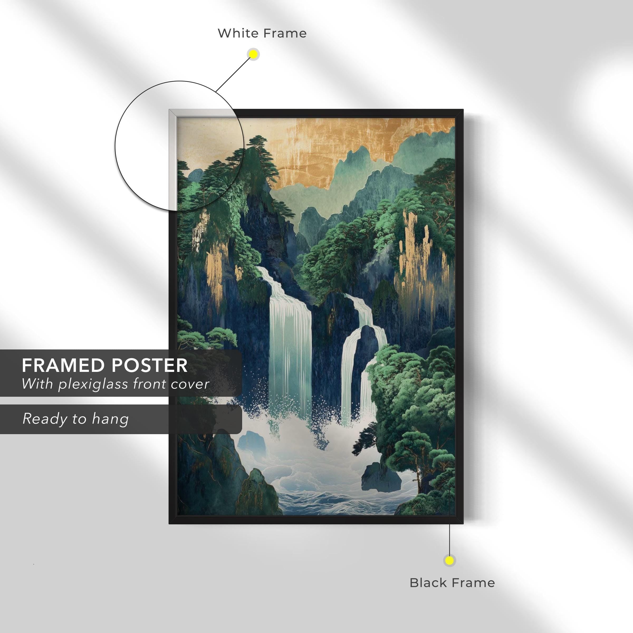 Hokusai Japanese Waterfall | Ukiyo-e Landscape | Green Japanese Canvas Art | Poster Print