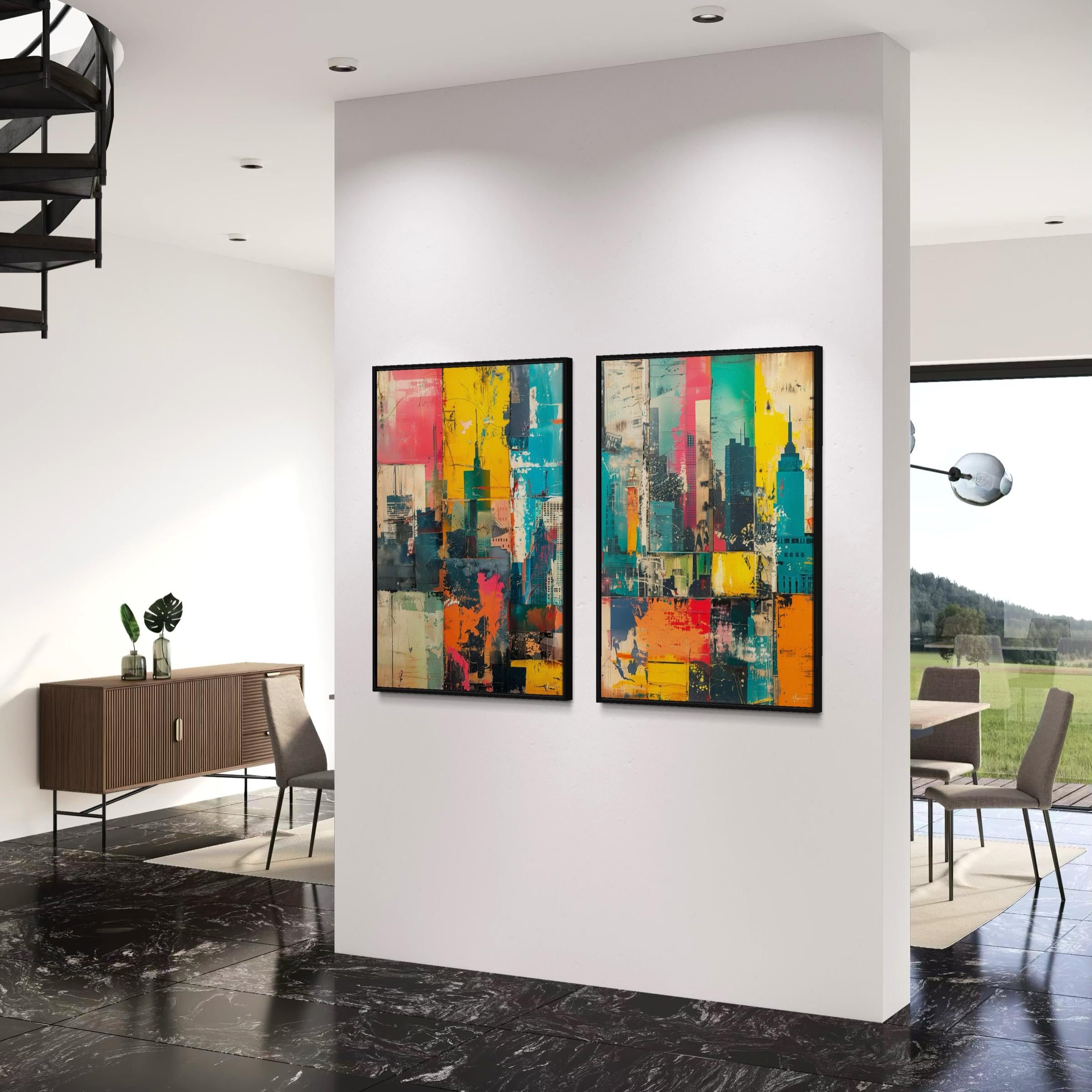 NYC Skyline Canvas Wall Art Set of 2 | Abstract City Urban Framed Poster Prints