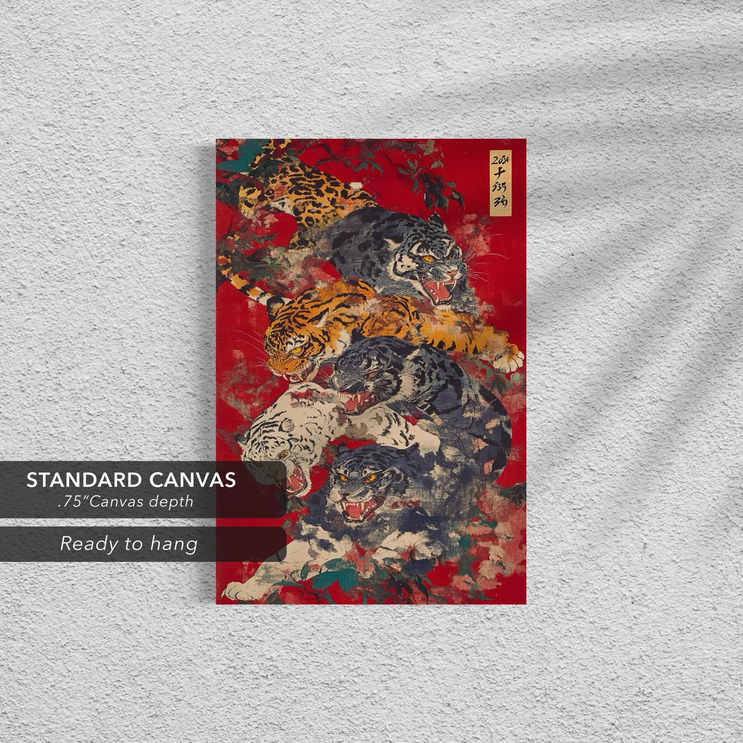 Vintage Japanese Tiger | Red & Black Japanese Animal Canvas Art | Poster Print