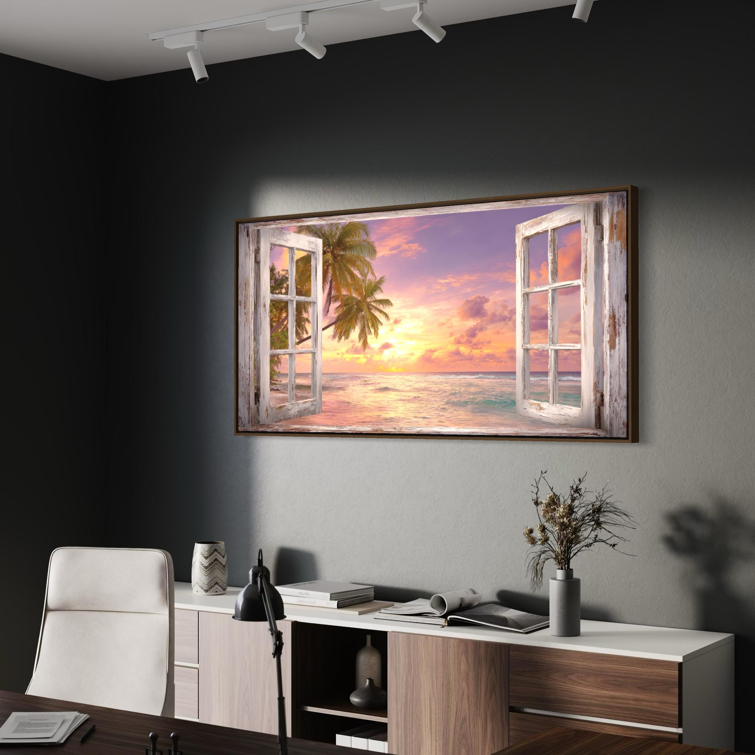 Window View Wall Art Canvas Poster Print | Tropical Beach Sunset | Palm Tree Coastal Art